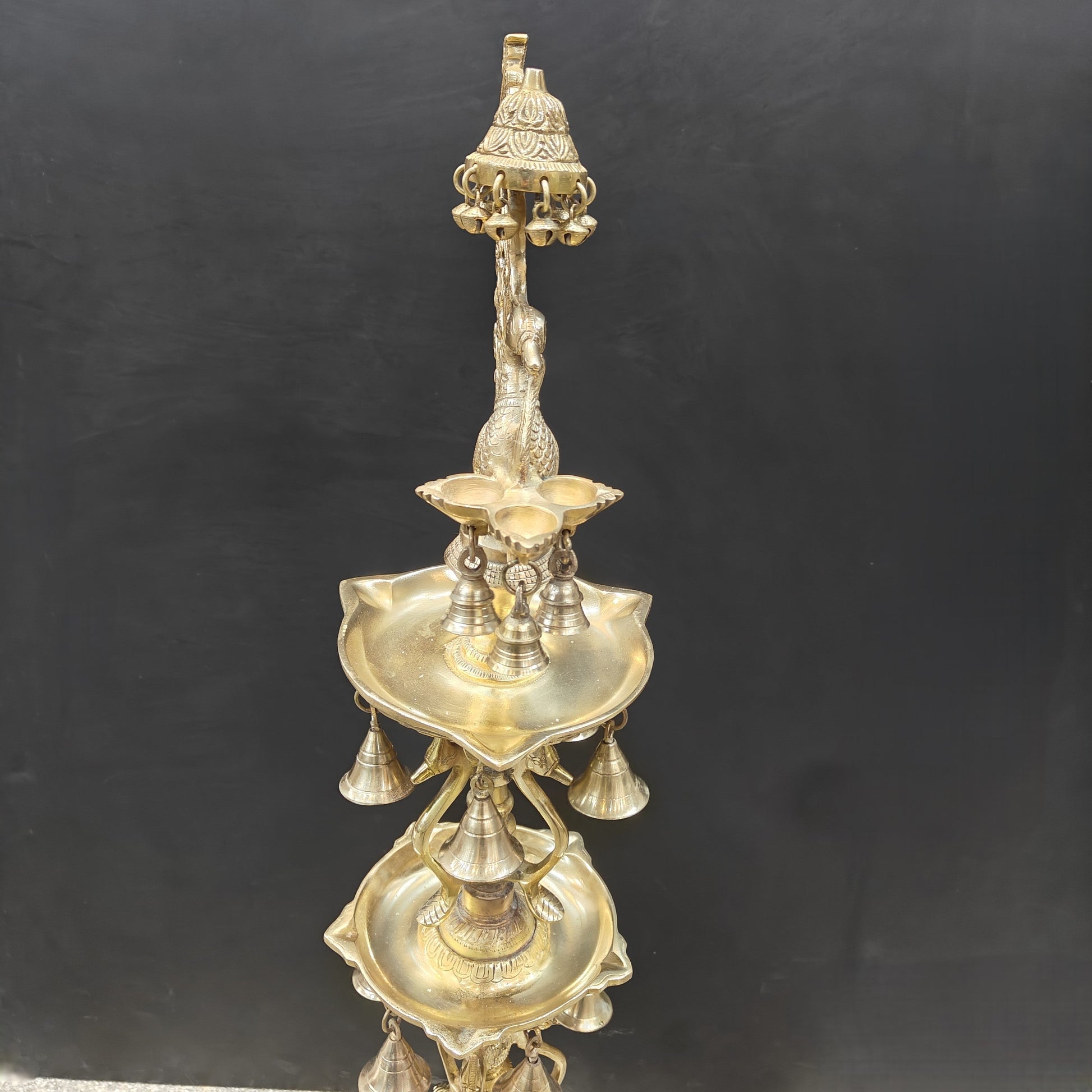 Brass Large Peacock Lamp Diya With Bells 3.5 Feet - Image 11