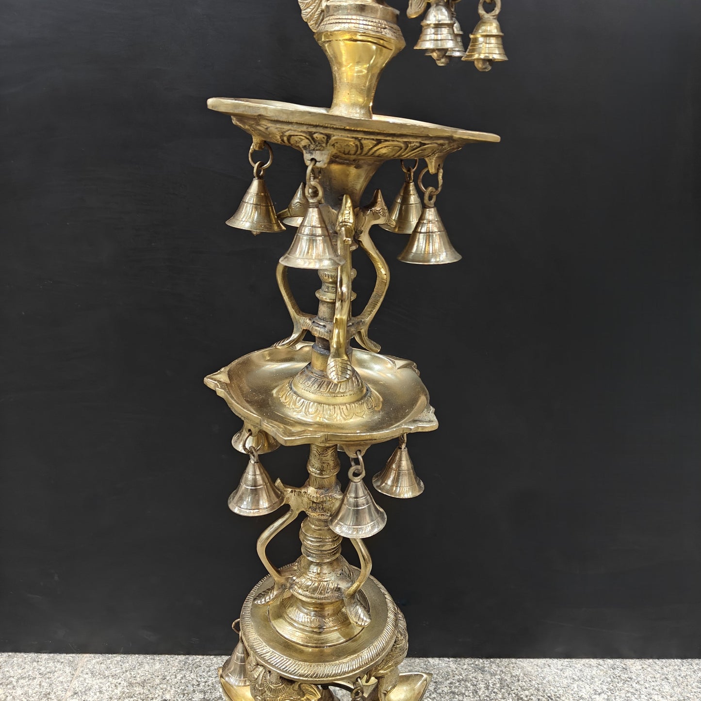 Brass Large Peacock Lamp Diya With Bells 3.5 Feet