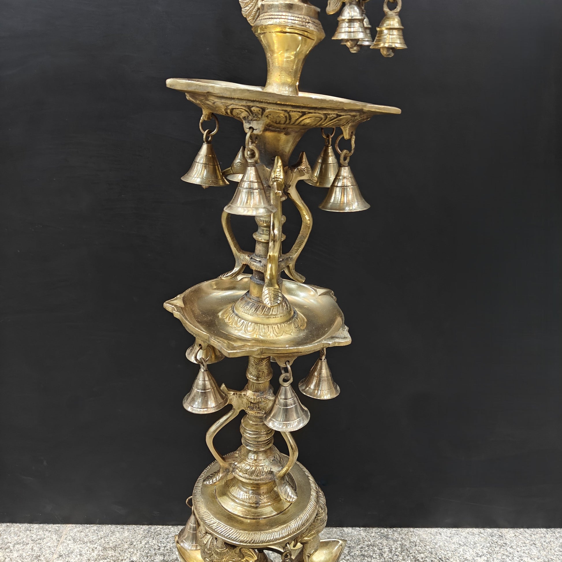 Brass Large Peacock Lamp Diya With Bells 3.5 Feet - Image 12