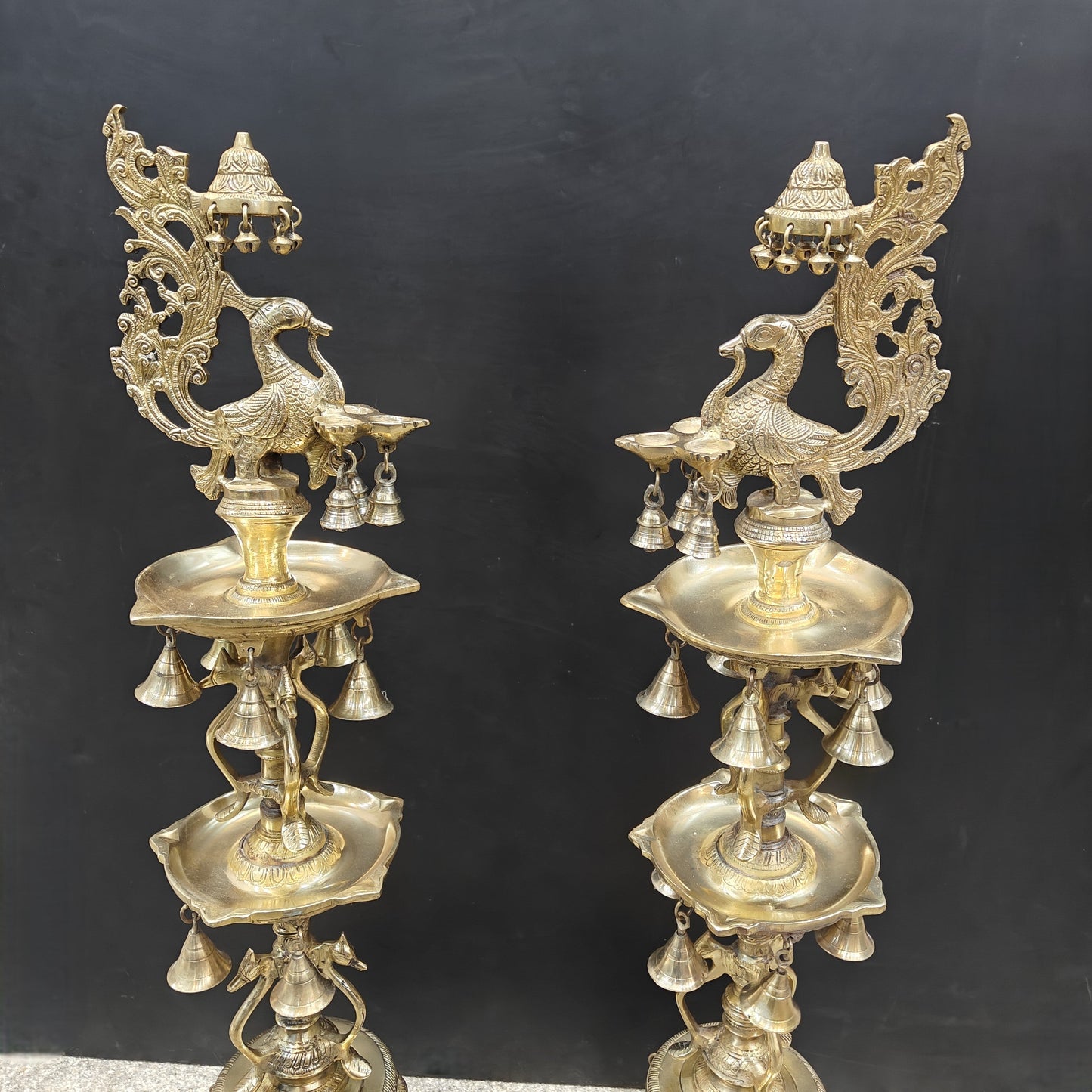 Brass Large Peacock Lamp Diya Pair With Bells 3.5 Feet