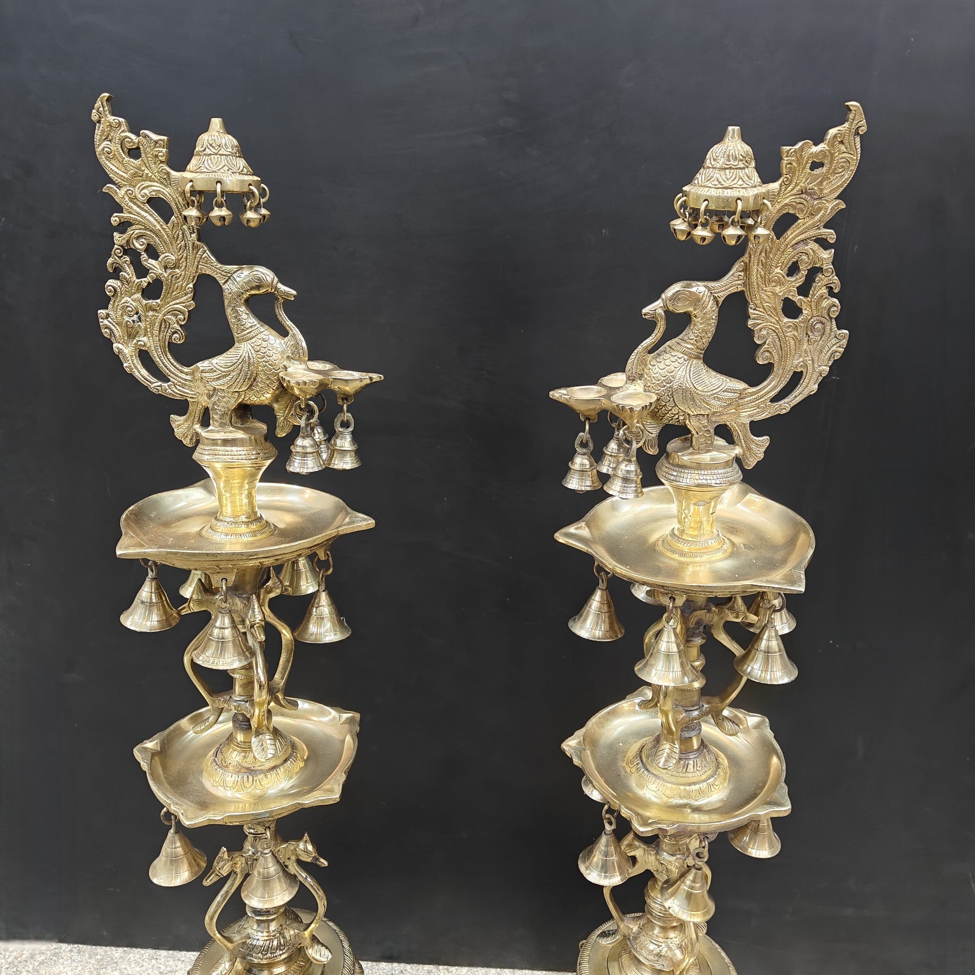 Brass Large Peacock Lamp Diya Pair With Bells 3.5 Feet - Image 2