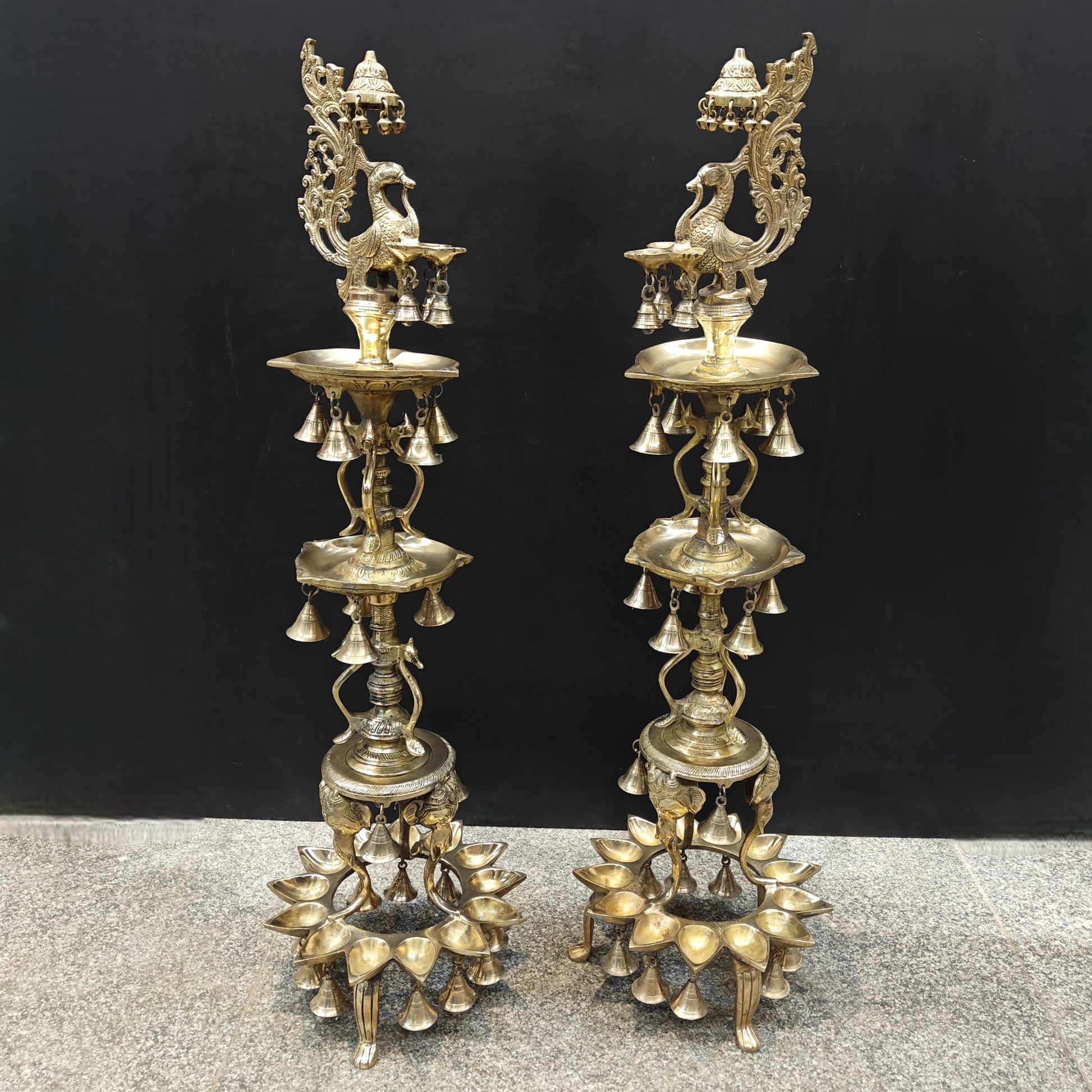 Brass Large Peacock Lamp Diya Pair With Bells 3.5 Feet - Image 3