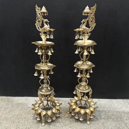 Brass Large Peacock Lamp Diya Pair With Bells 3.5 Feet by vendor-unknown - Spiritual (View 3)