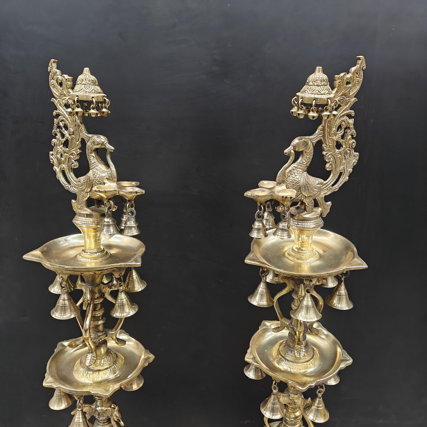 Brass Large Peacock Lamp Diya Pair With Bells 3.5 Feet