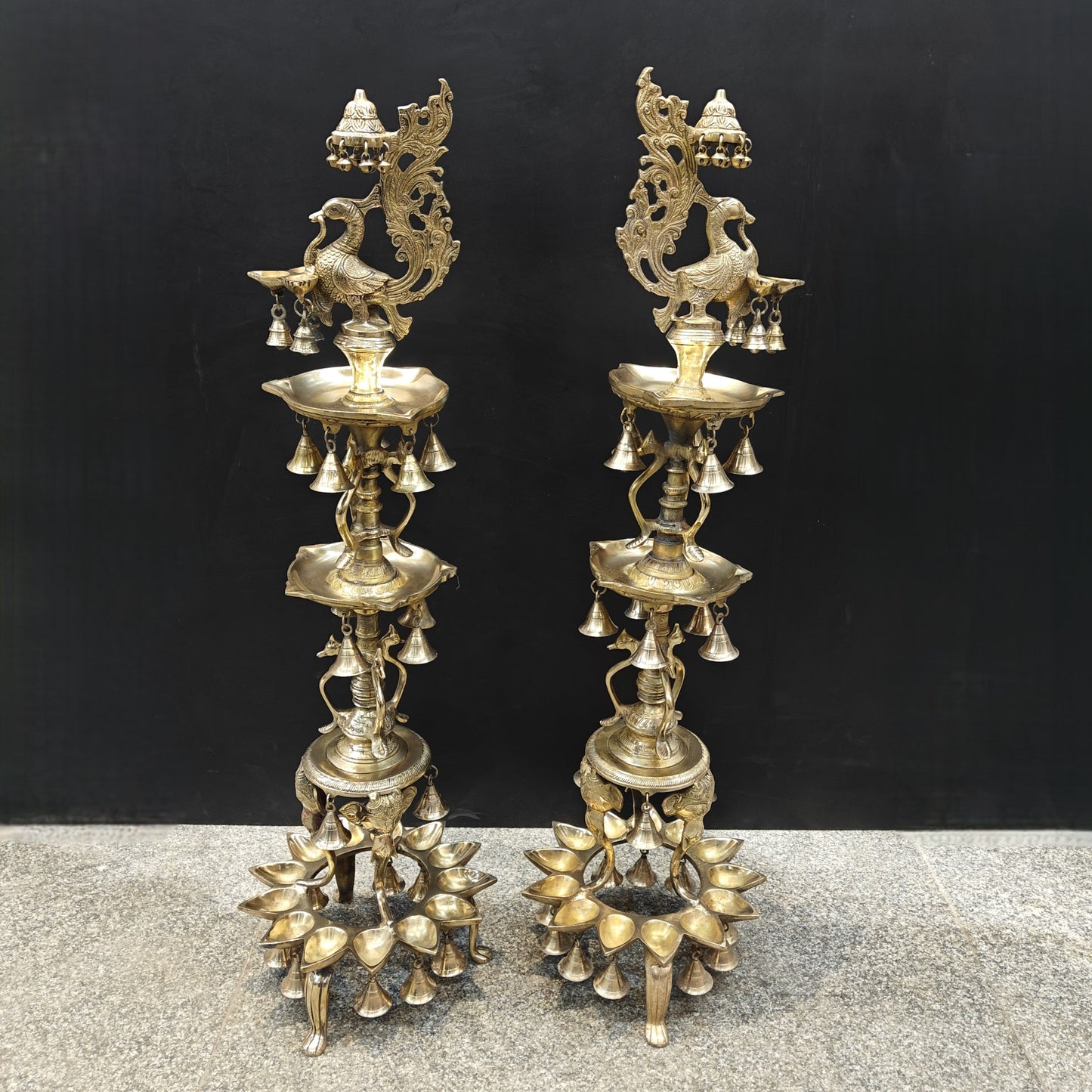 Brass Large Peacock Lamp Diya Pair With Bells 3.5 Feet