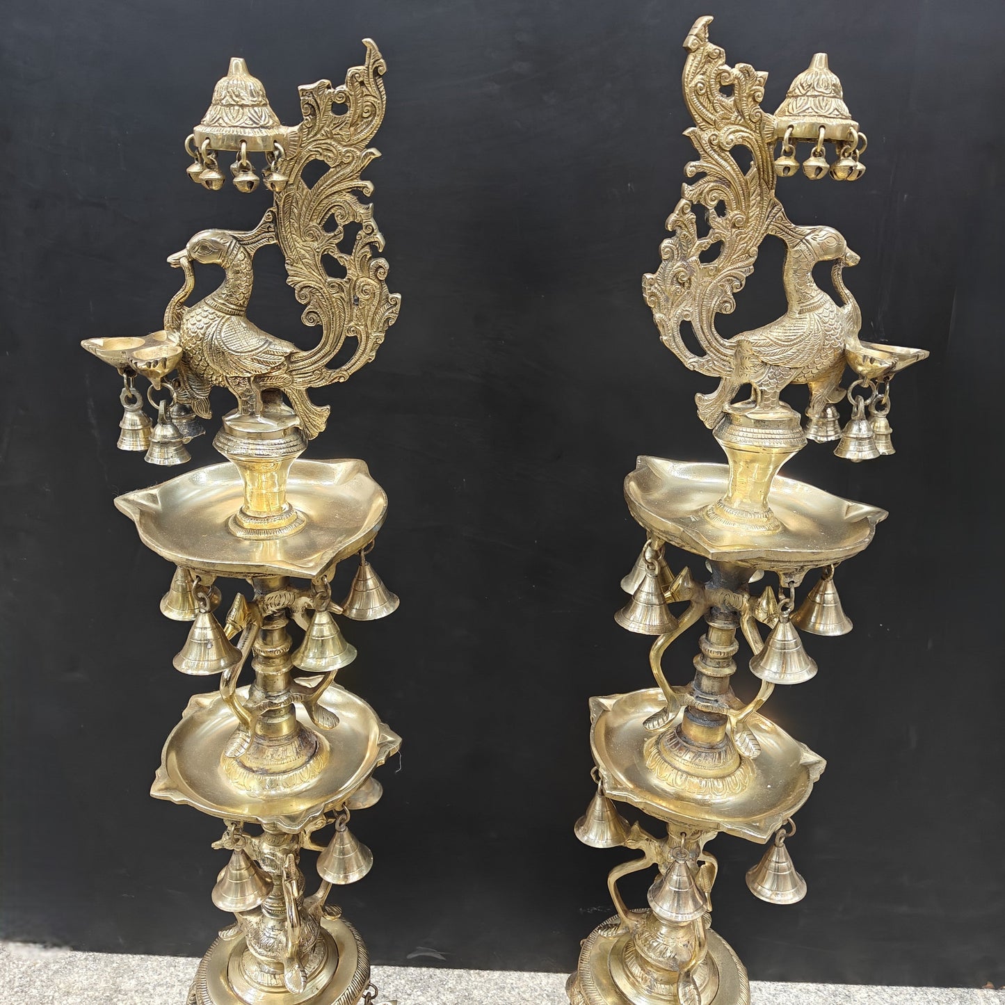 Brass Large Peacock Lamp Diya Pair With Bells 3.5 Feet