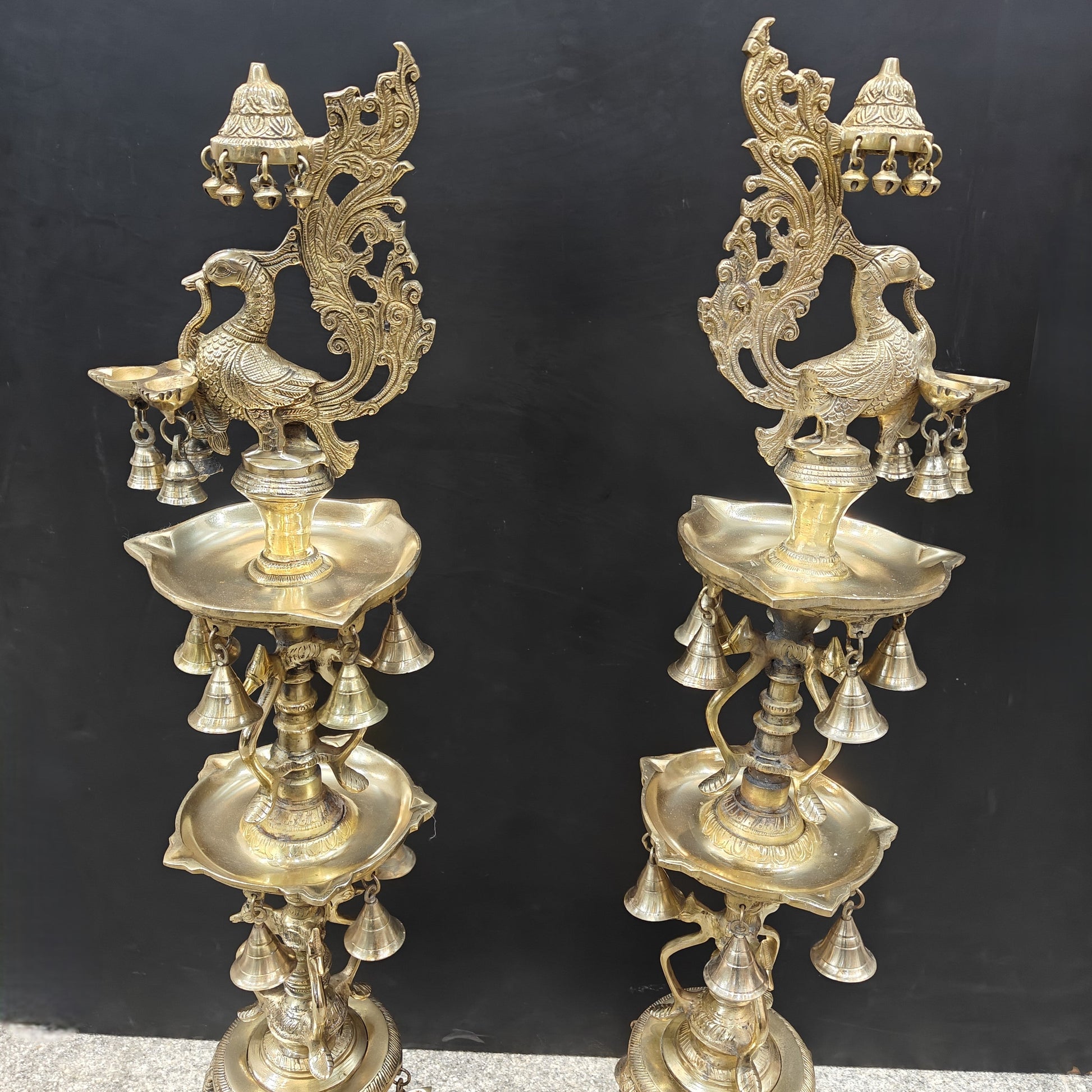 Brass Large Peacock Lamp Diya Pair With Bells 3.5 Feet - Image 6