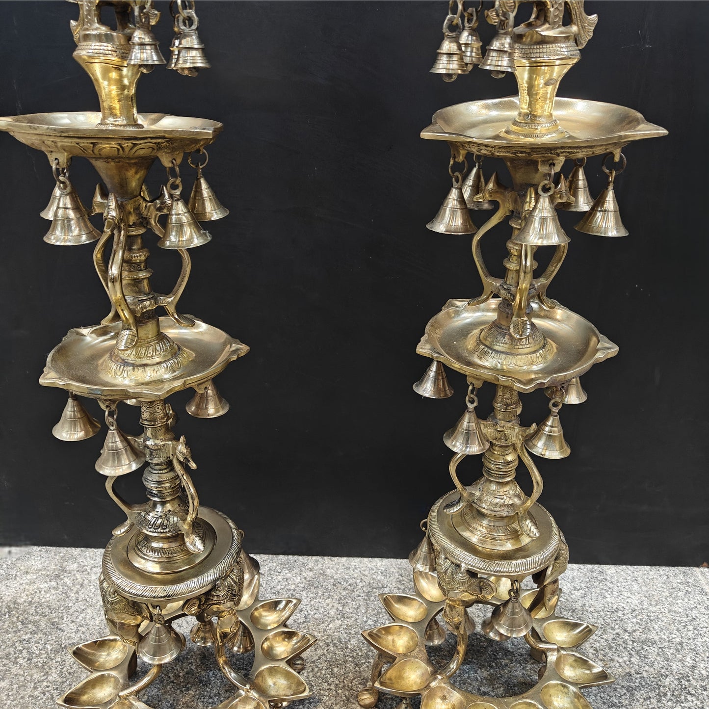 Brass Large Peacock Lamp Diya Pair With Bells 3.5 Feet