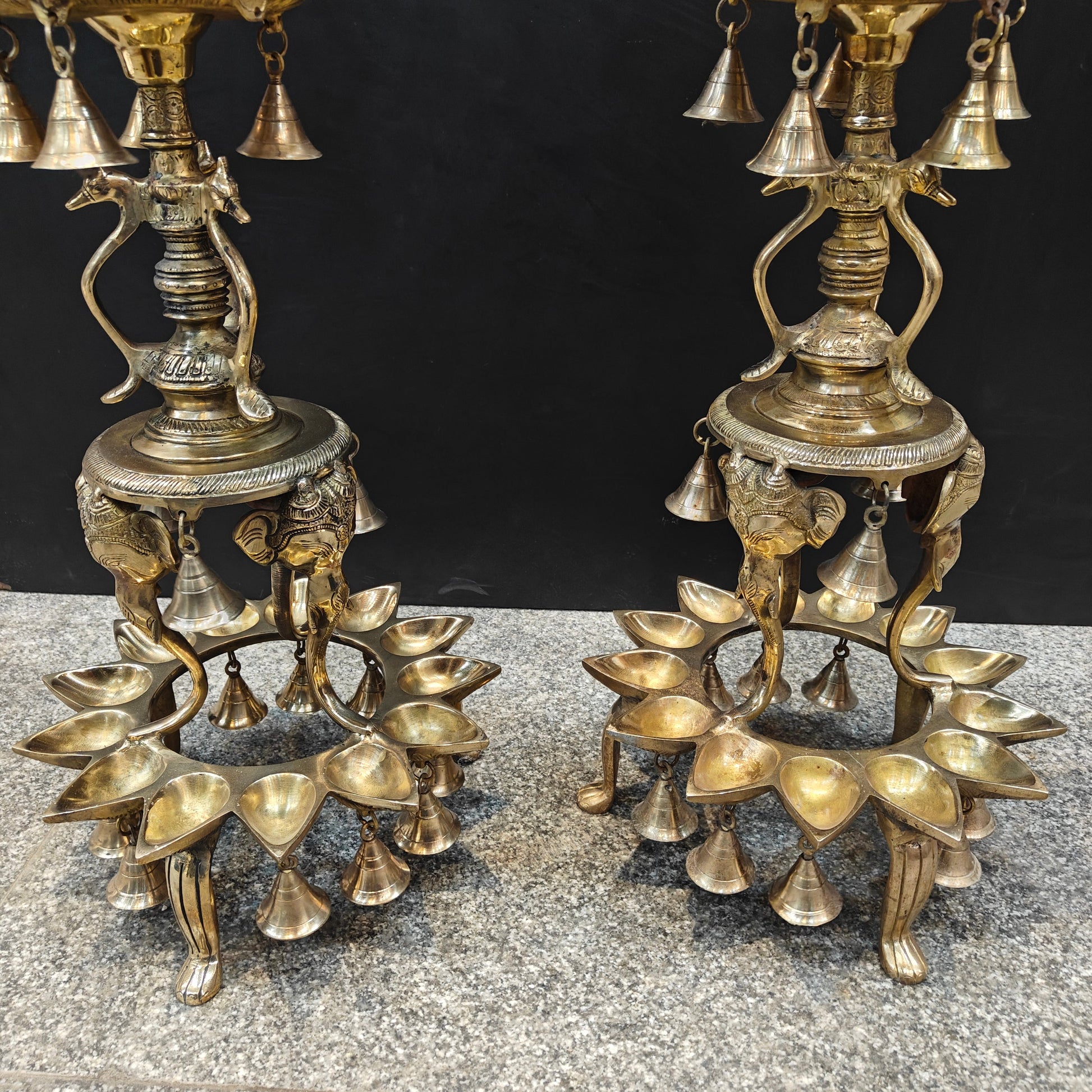 Brass Large Peacock Lamp Diya Pair With Bells 3.5 Feet - Image 8