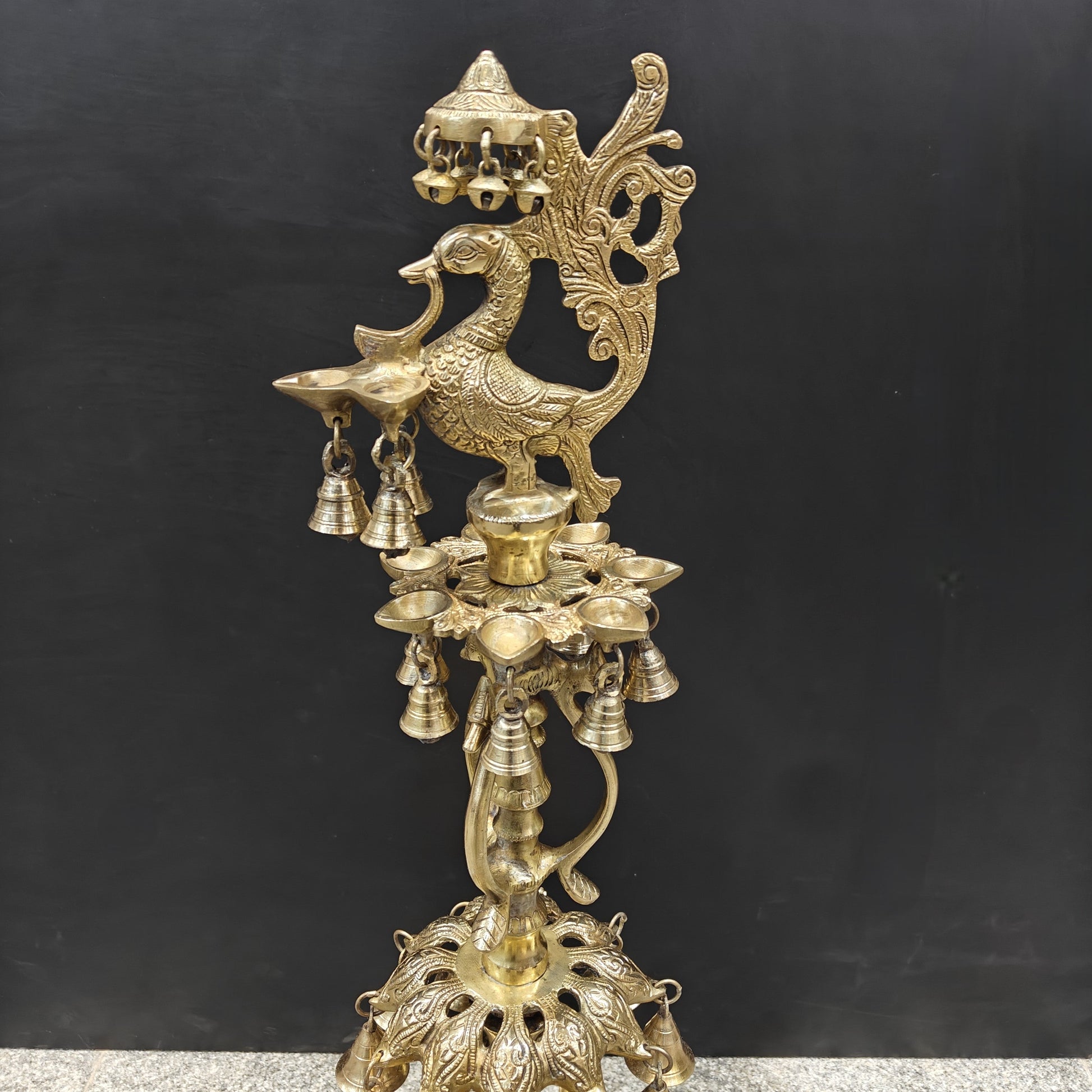 Brass Large Peacock Lamp Diya With Bells For Home Decor 3 Feet - Image 2