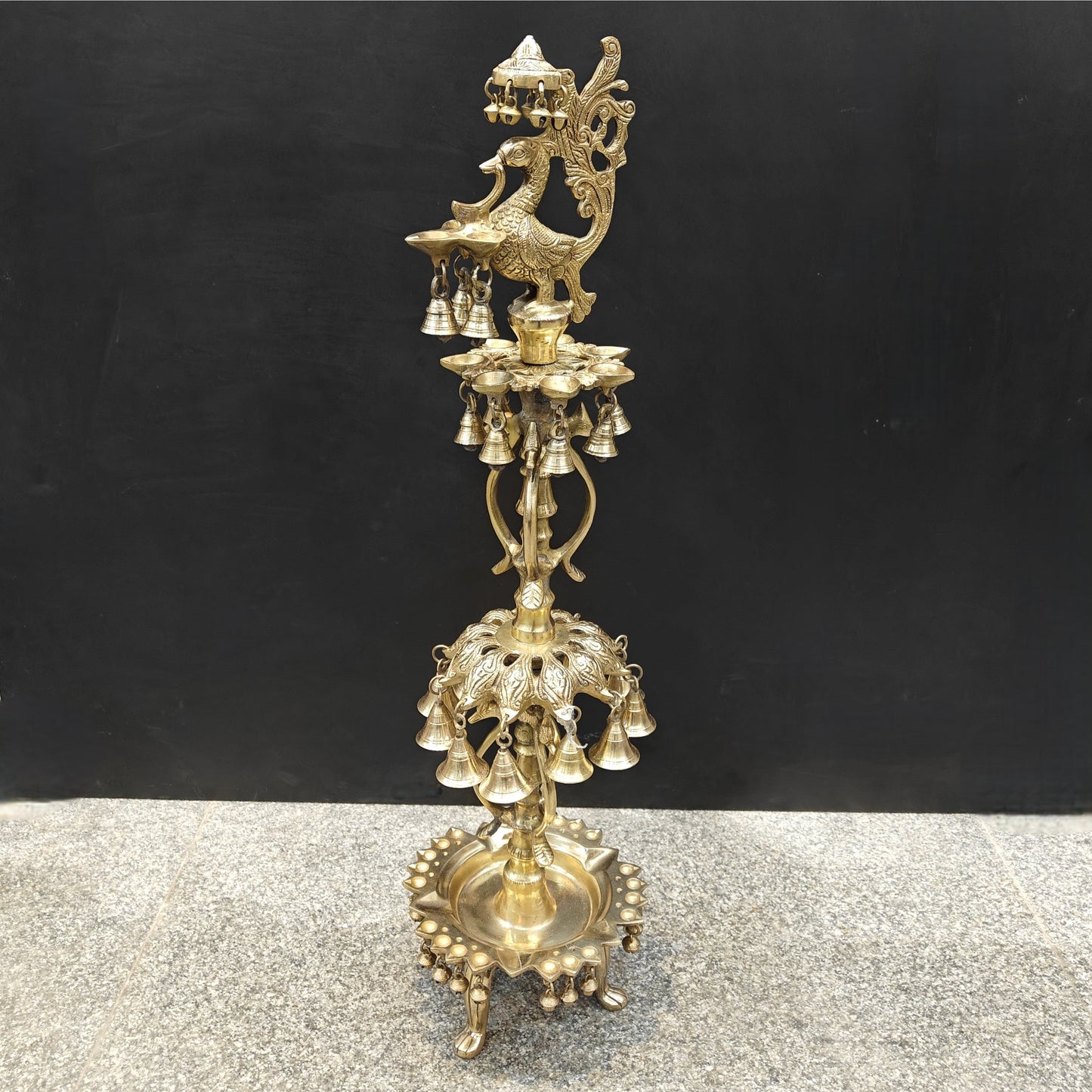 Brass Large Peacock Lamp Diya With Bells For Home Decor 3 Feet