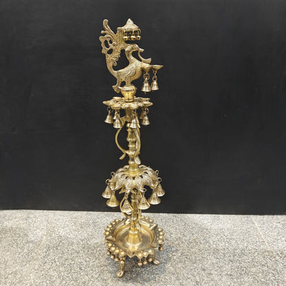 Brass Large Peacock Lamp Diya With Bells For Home Decor 3 Feet by vendor-unknown - Spiritual (View 4)
