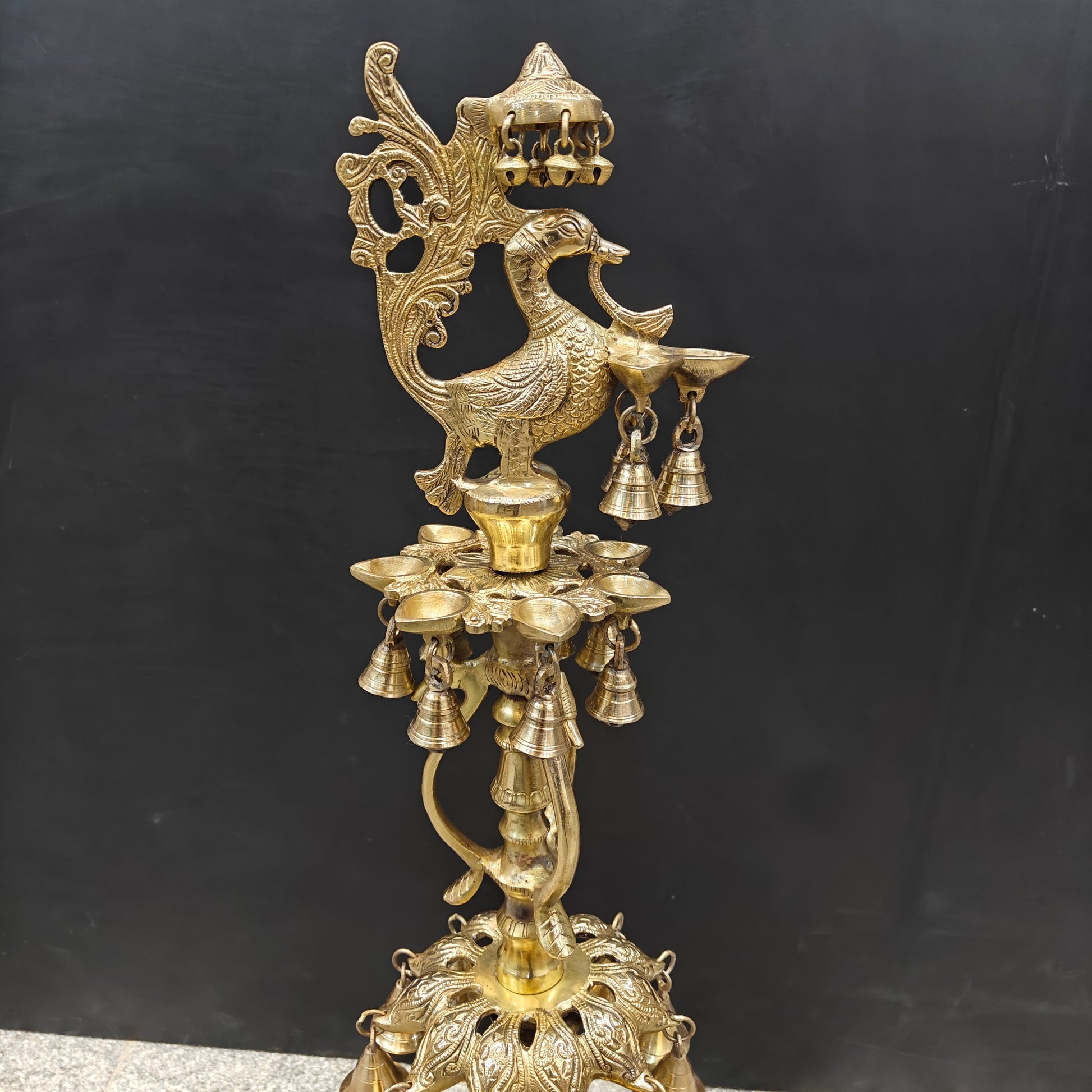 Brass Large Peacock Lamp Diya With Bells For Home Decor 3 Feet - Image 5