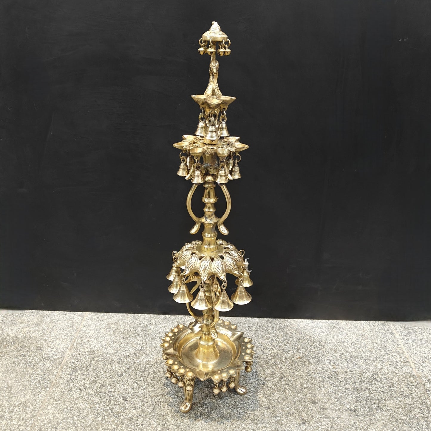 Brass Large Peacock Lamp Diya With Bells For Home Decor 3 Feet
