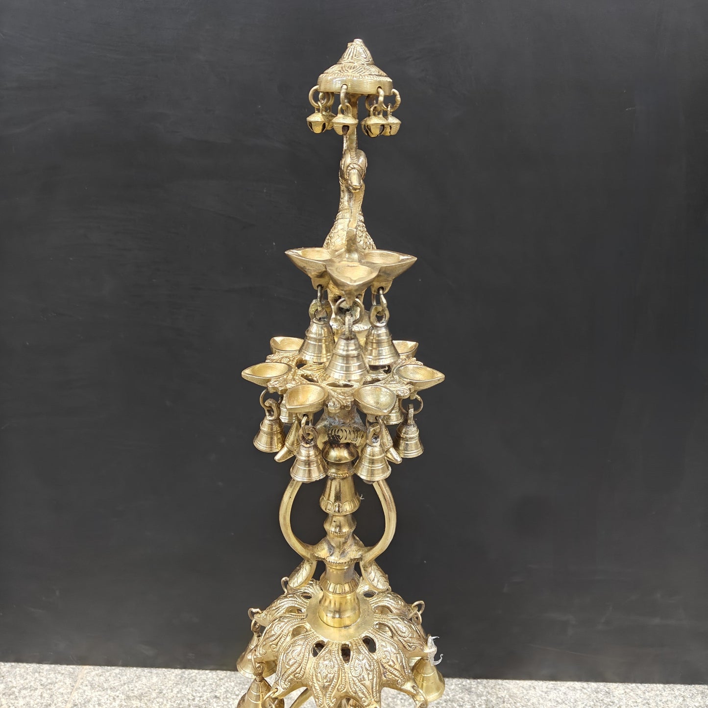 Brass Large Peacock Lamp Diya With Bells For Home Decor 3 Feet