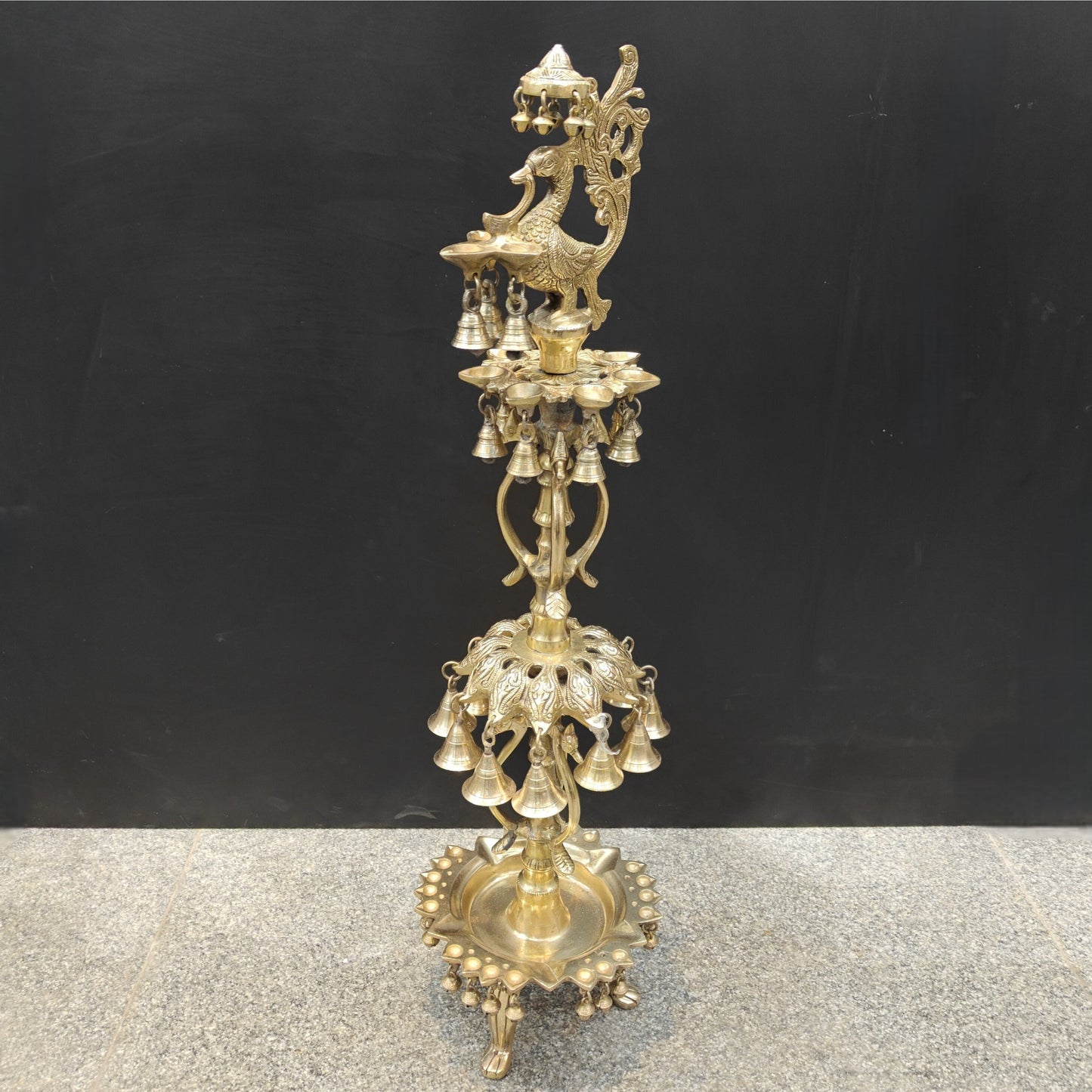 Brass Large Peacock Lamp Diya With Bells For Home Decor 3 Feet