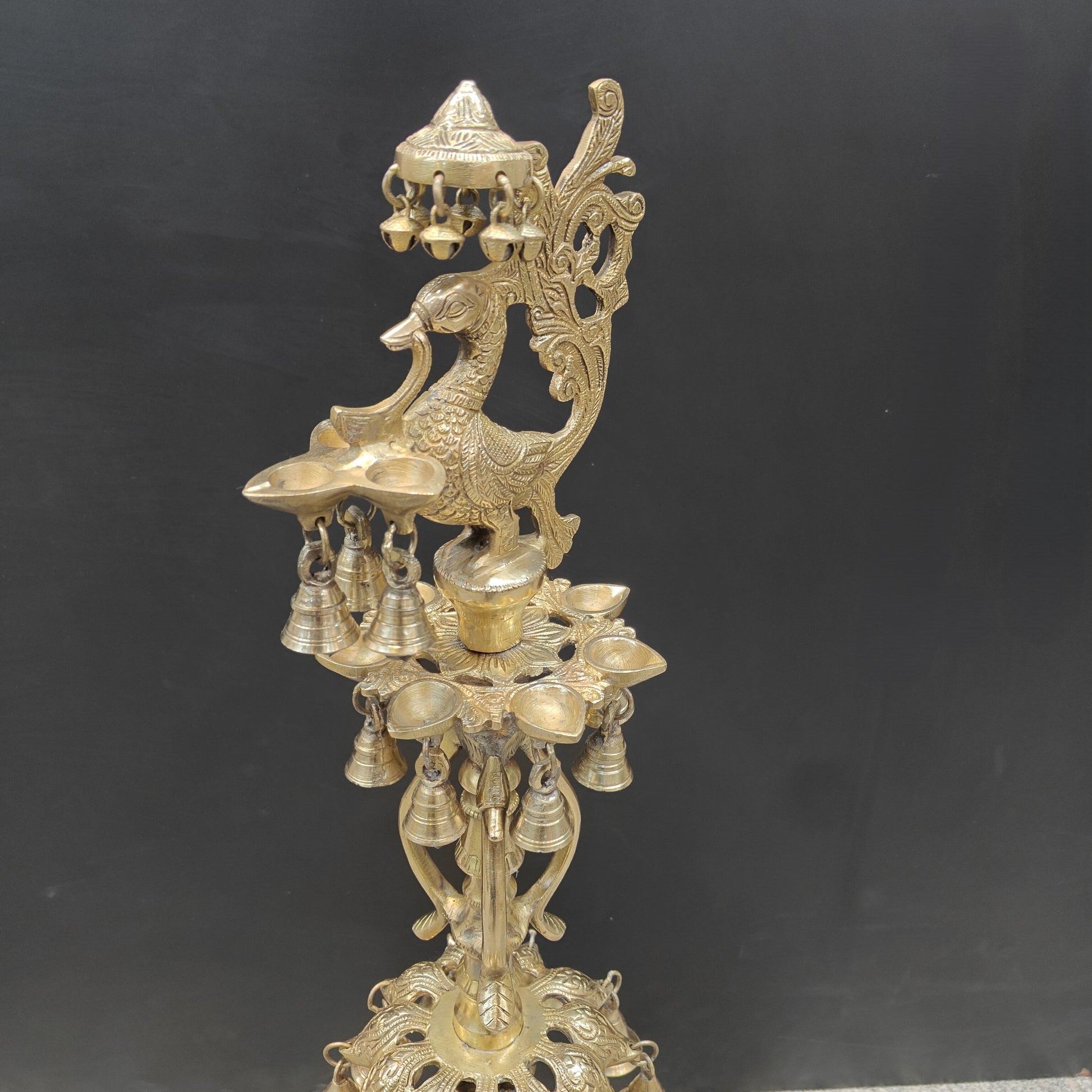 Brass Large Peacock Lamp Diya With Bells For Home Decor 3 Feet - Image 9