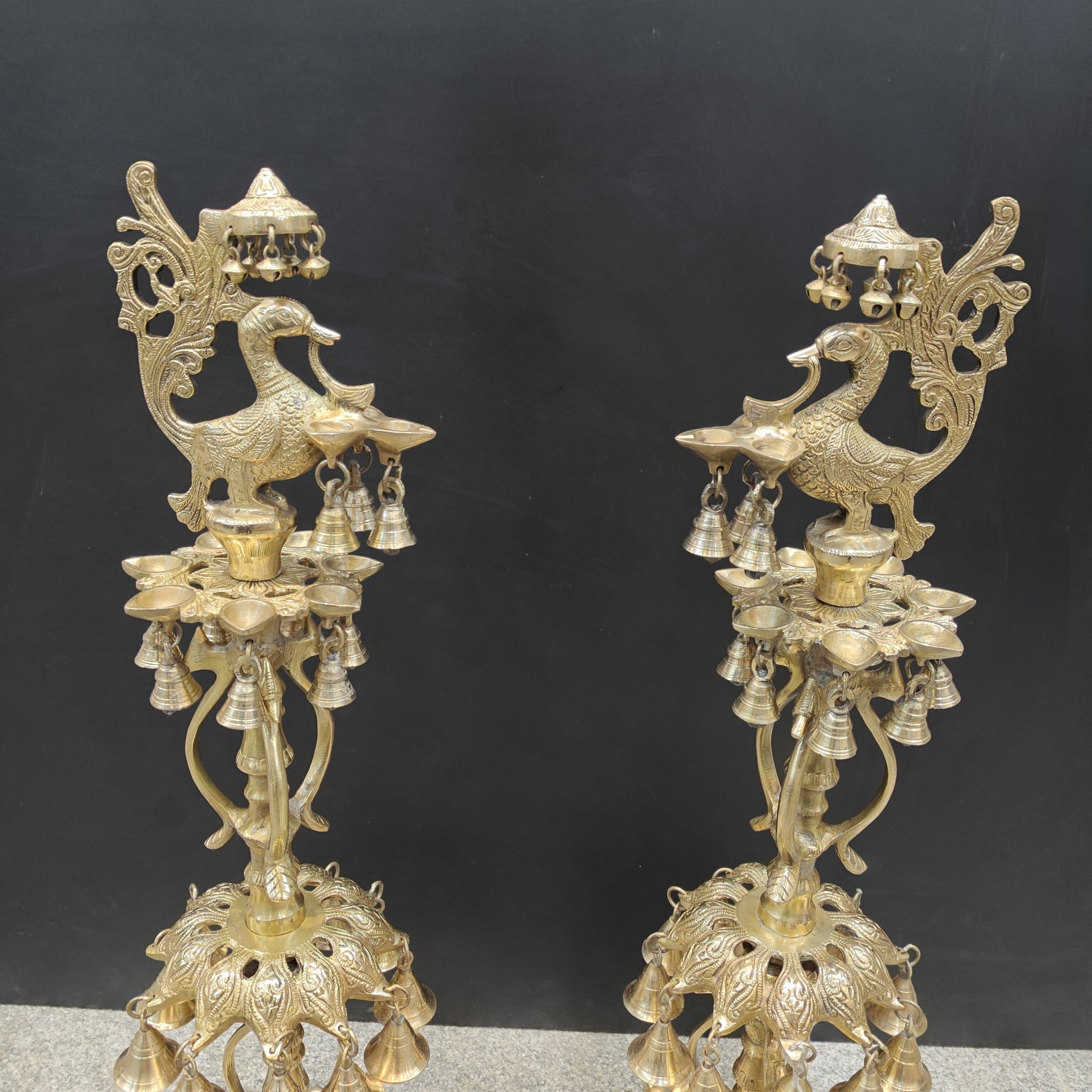 Brass Large Peacock Lamp Diya Pair With Bells For Home Decor 3 Feet - Image 2