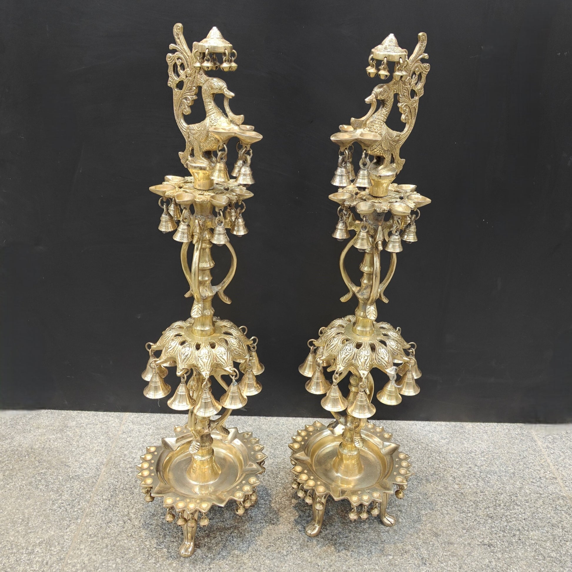 Brass Large Peacock Lamp Diya Pair With Bells For Home Decor 3 Feet - Image 3
