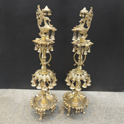 Brass Large Peacock Lamp Diya Pair With Bells For Home Decor 3 Feet by vendor-unknown - Spiritual (View 3)