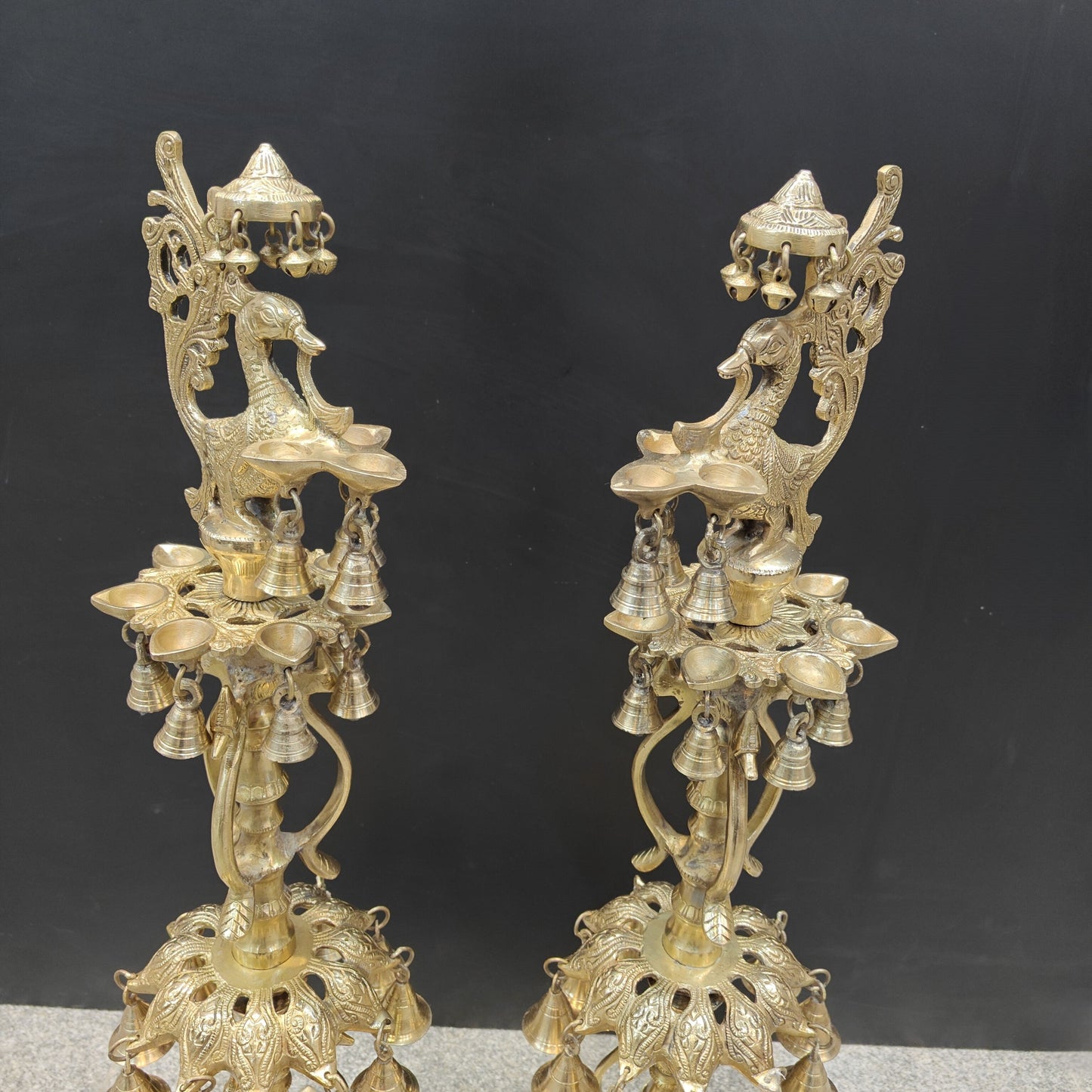 Brass Large Peacock Lamp Diya Pair With Bells For Home Decor 3 Feet
