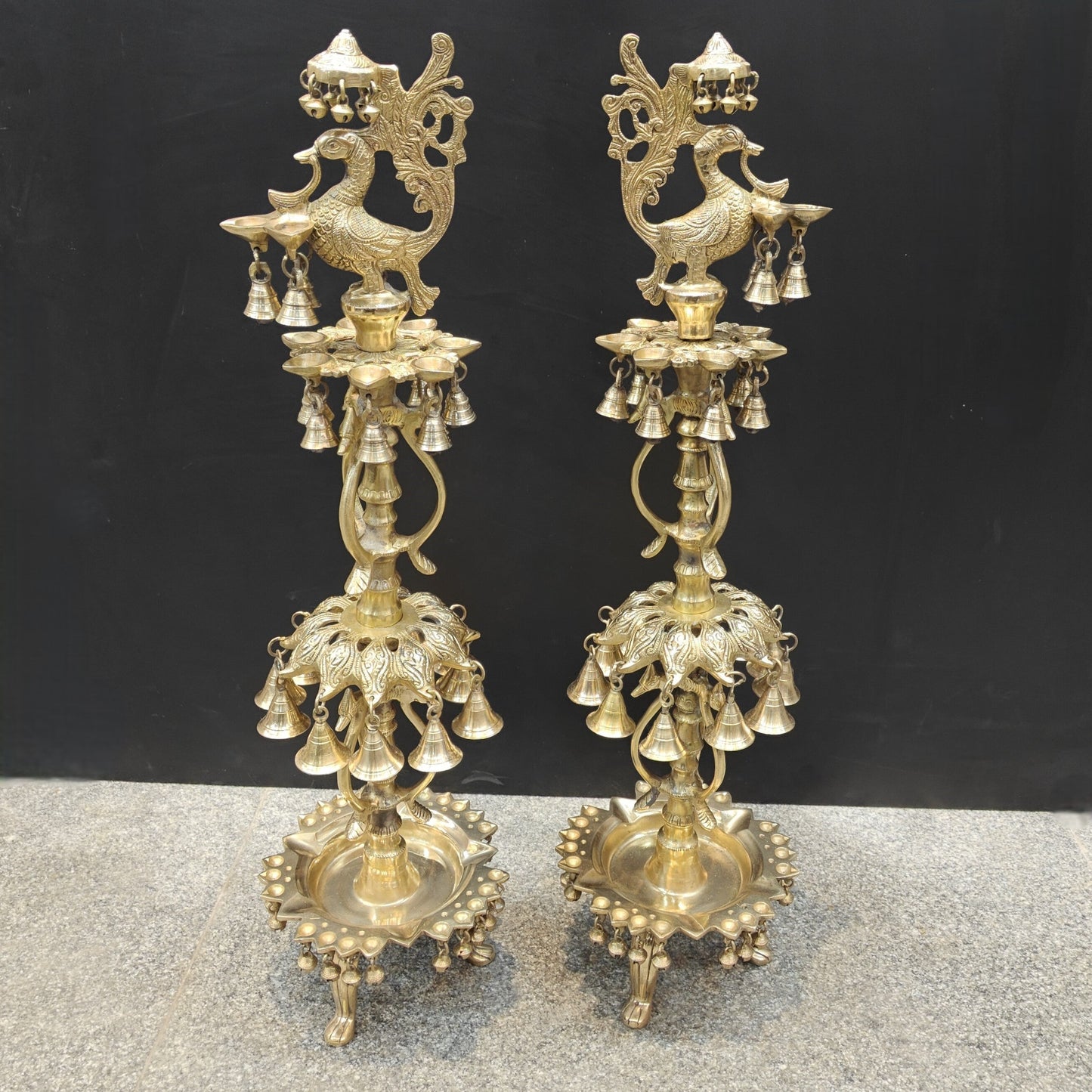 Brass Large Peacock Lamp Diya Pair With Bells For Home Decor 3 Feet
