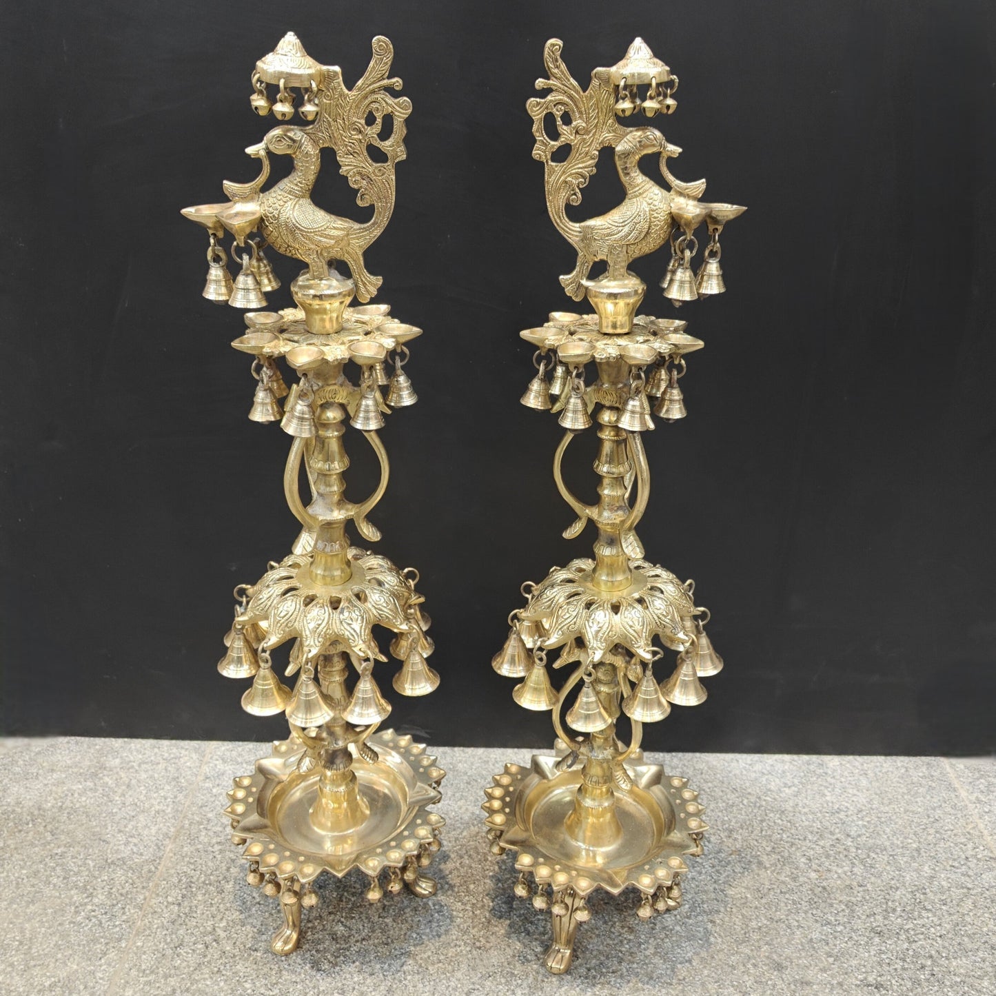 Brass Large Peacock Lamp Diya Pair With Bells For Home Decor 3 Feet
