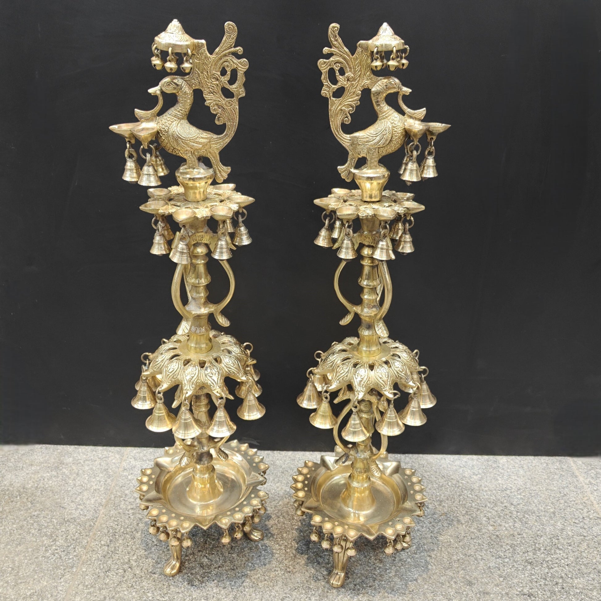 Brass Large Peacock Lamp Diya Pair With Bells For Home Decor 3 Feet - Image 6