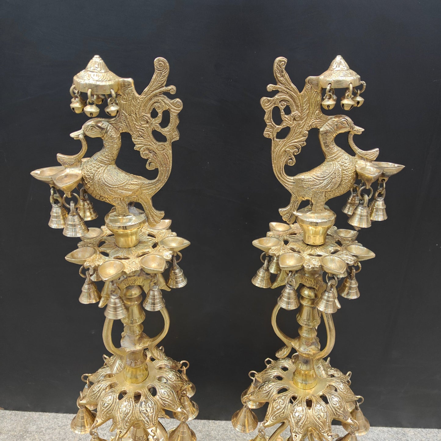 Brass Large Peacock Lamp Diya Pair With Bells For Home Decor 3 Feet
