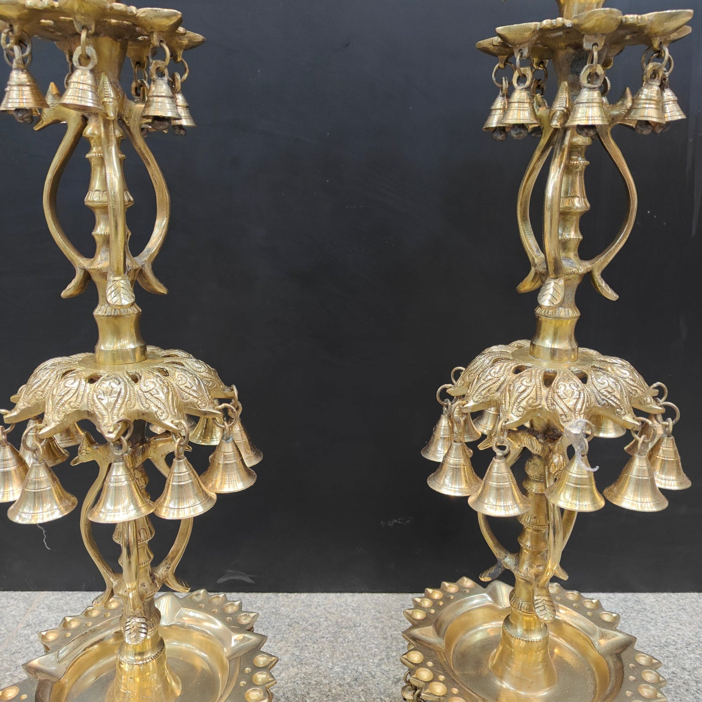 Brass Large Peacock Lamp Diya Pair With Bells For Home Decor 3 Feet