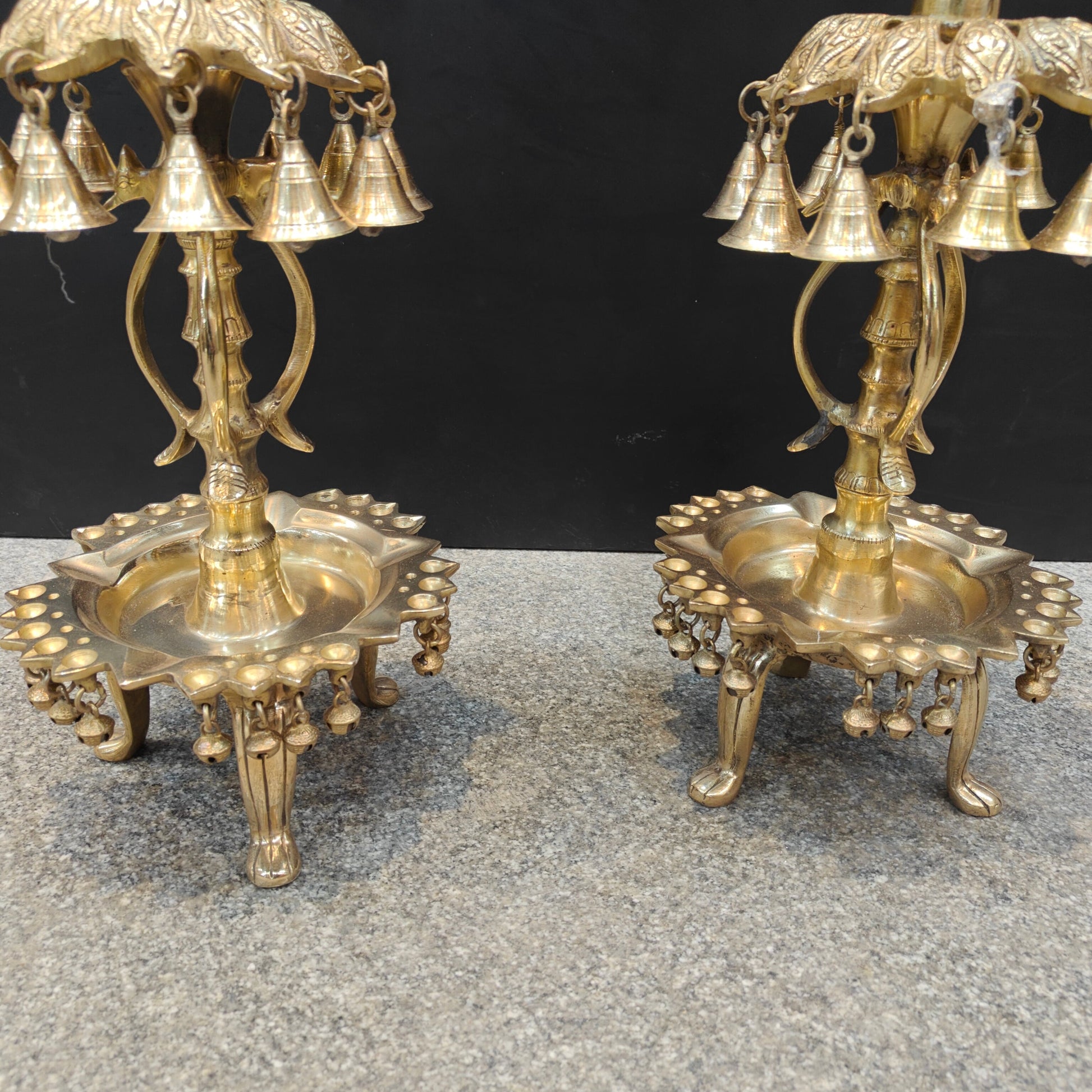 Brass Large Peacock Lamp Diya Pair With Bells For Home Decor 3 Feet - Image 9