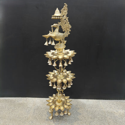 Brass Large Peacock Lamp Diya With Bells & Ghungroos 4 Feet by vendor-unknown - Spiritual (View 3)