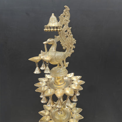Brass Large Peacock Lamp Diya With Bells & Ghungroos 4 Feet by vendor-unknown - Spiritual (View 4)