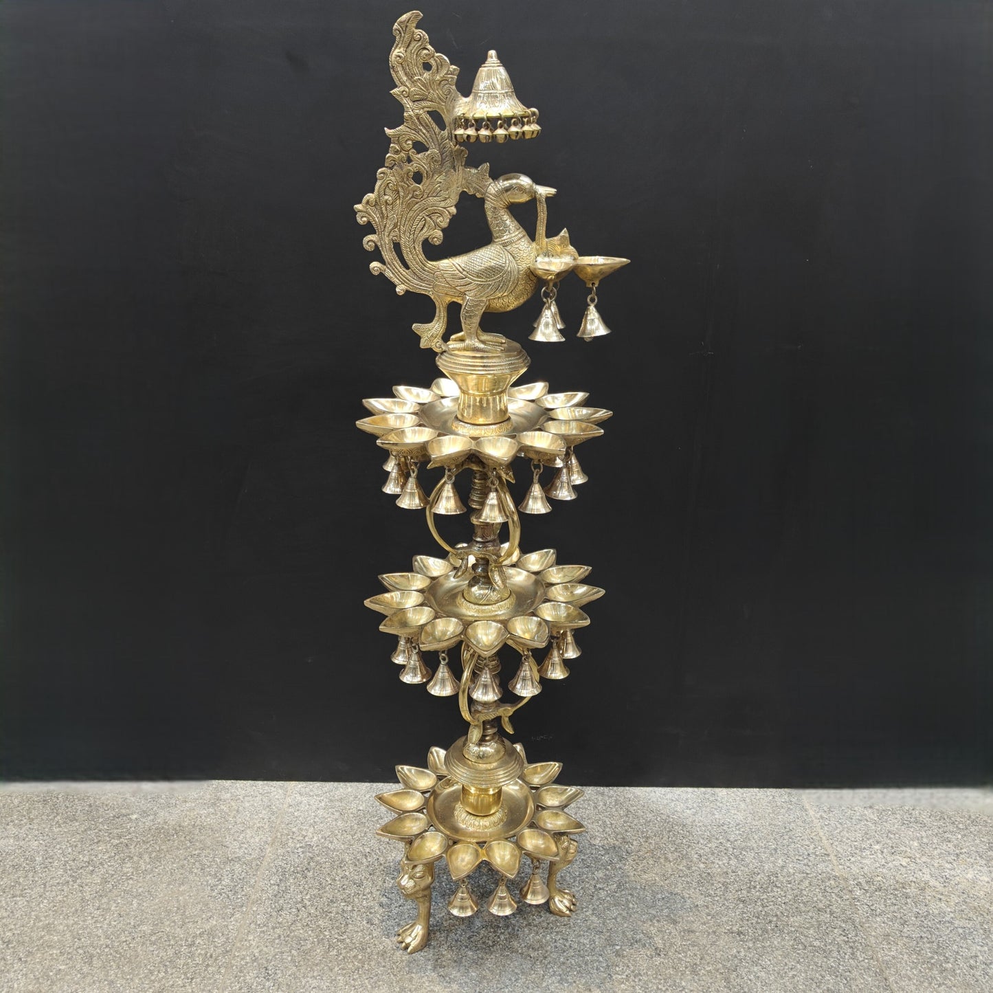 Brass Large Peacock Lamp Diya With Bells & Ghungroos 4 Feet