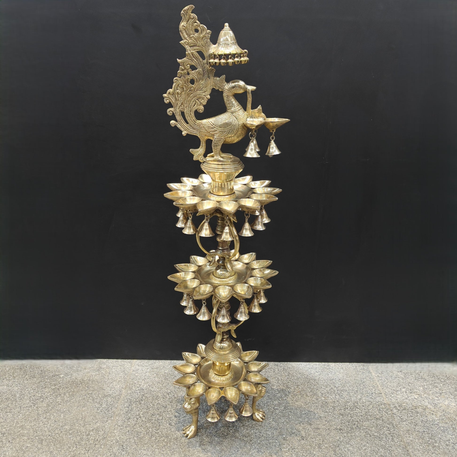 Brass Large Peacock Lamp Diya With Bells & Ghungroos 4 Feet - Image 5