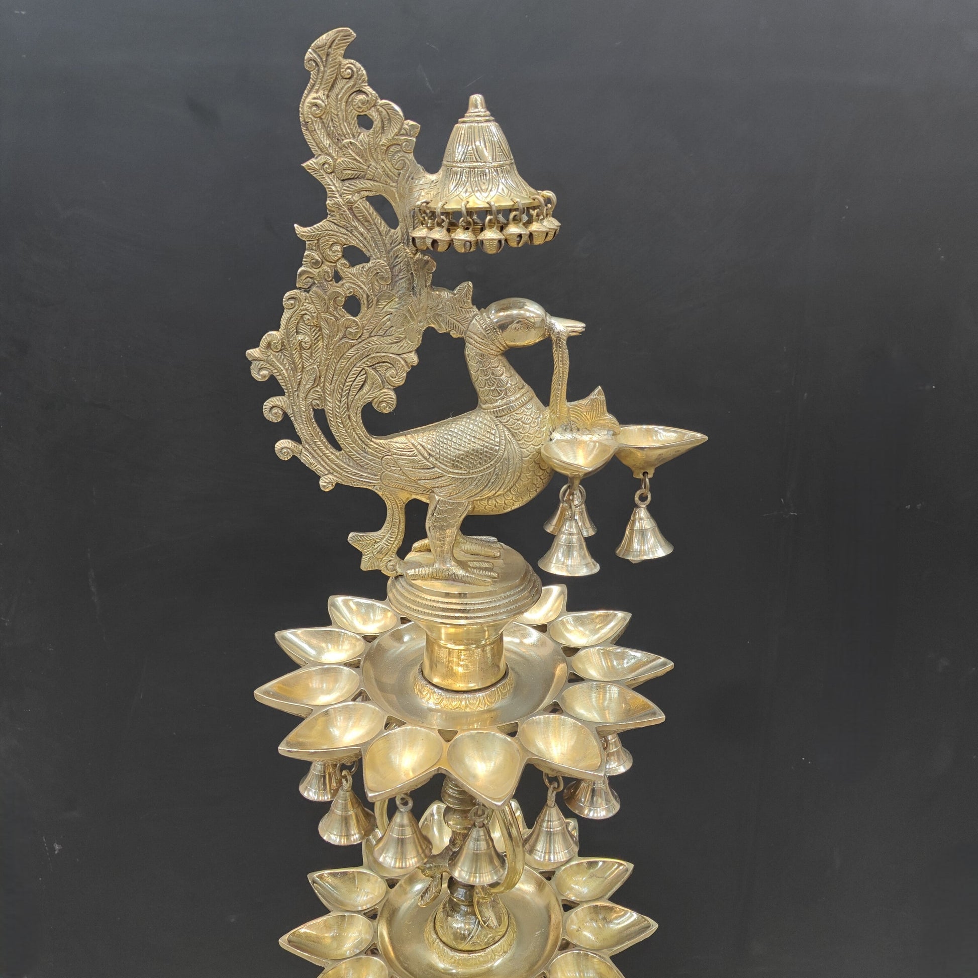 Brass Large Peacock Lamp Diya With Bells & Ghungroos 4 Feet - Image 6