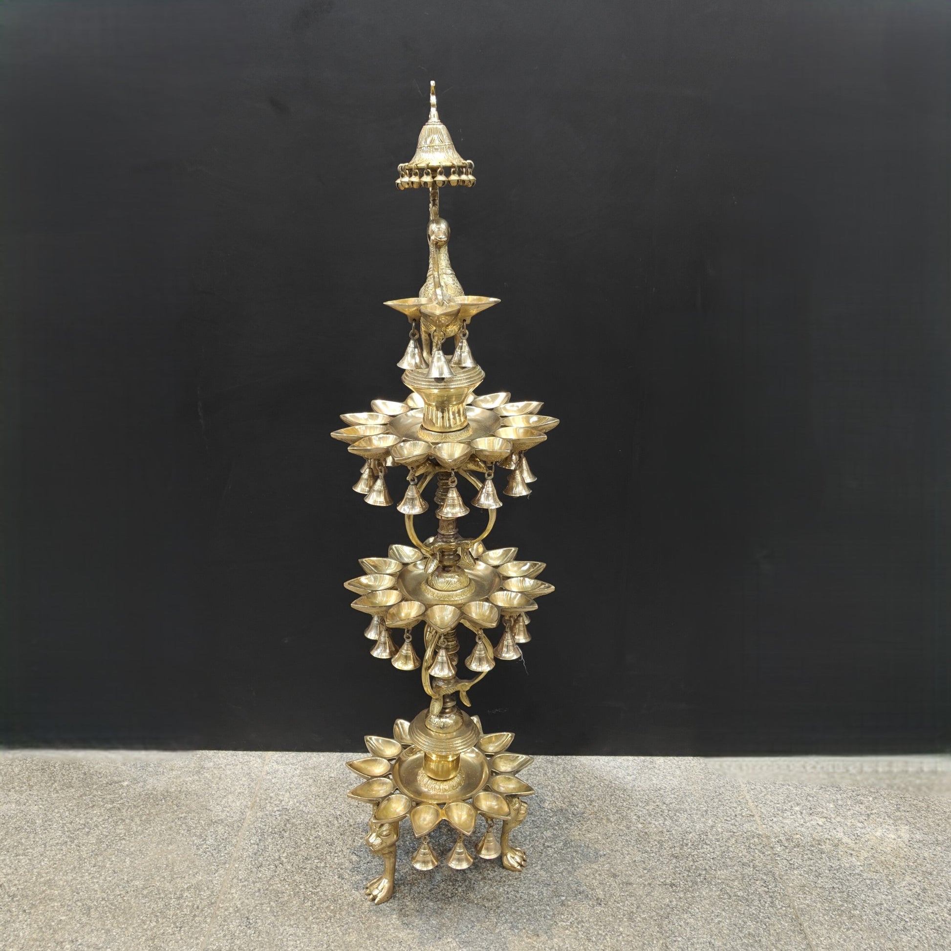 Brass Large Peacock Lamp Diya With Bells & Ghungroos 4 Feet - Image 7