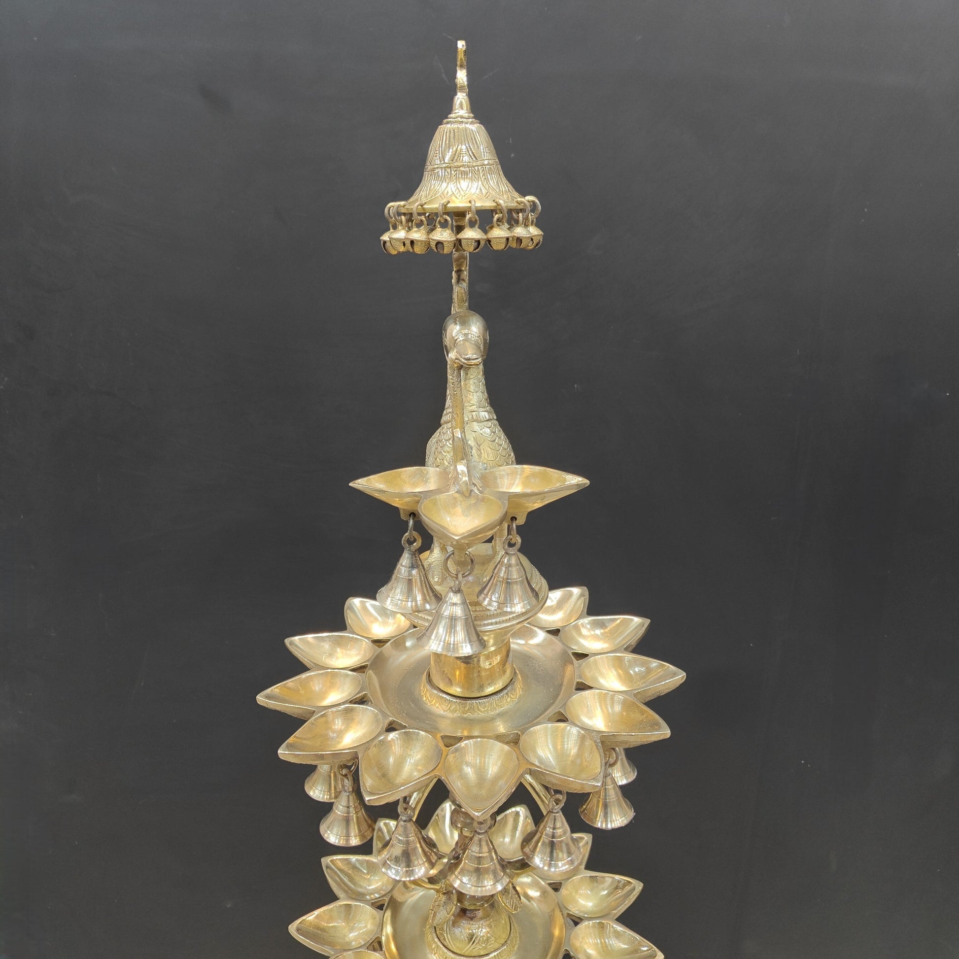 Brass Large Peacock Lamp Diya With Bells & Ghungroos 4 Feet - Image 8