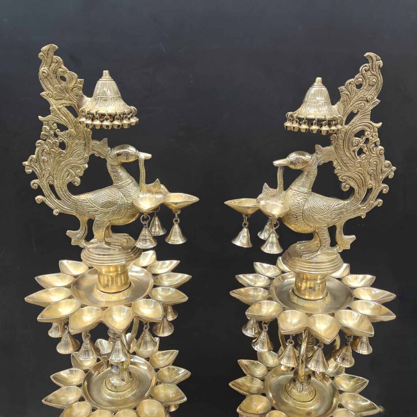 Brass Large Peacock Lamp Diya Pair With Bells & Ghungroos 4 Feet