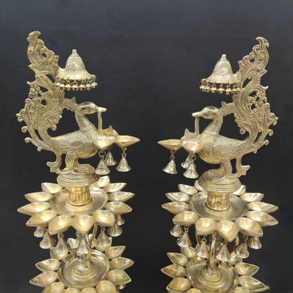 Brass Large Peacock Lamp Diya Pair With Bells & Ghungroos 4 Feet by vendor-unknown - Spiritual (View 2)