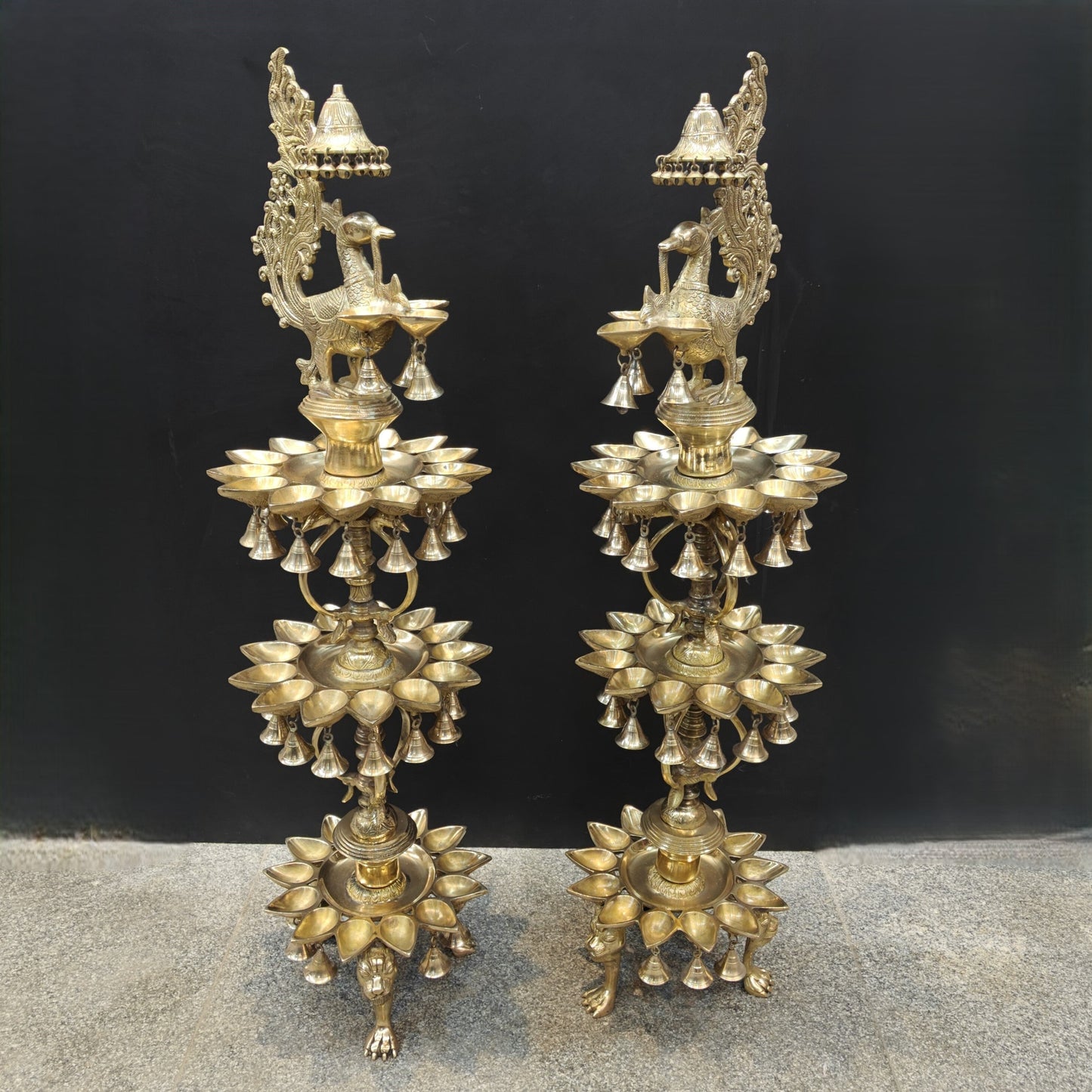 Brass Large Peacock Lamp Diya Pair With Bells & Ghungroos 4 Feet