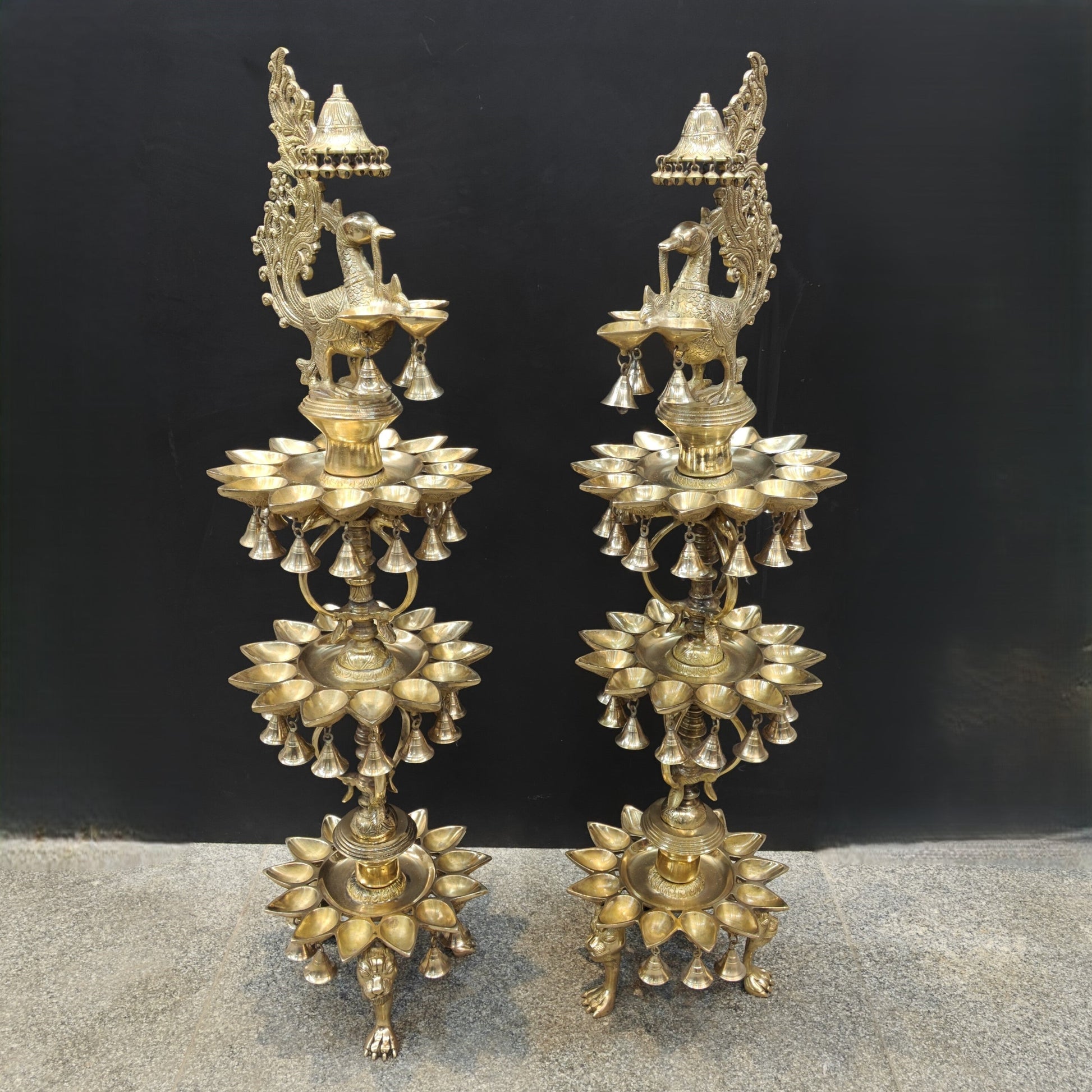 Brass Large Peacock Lamp Diya Pair With Bells & Ghungroos 4 Feet - Image 3