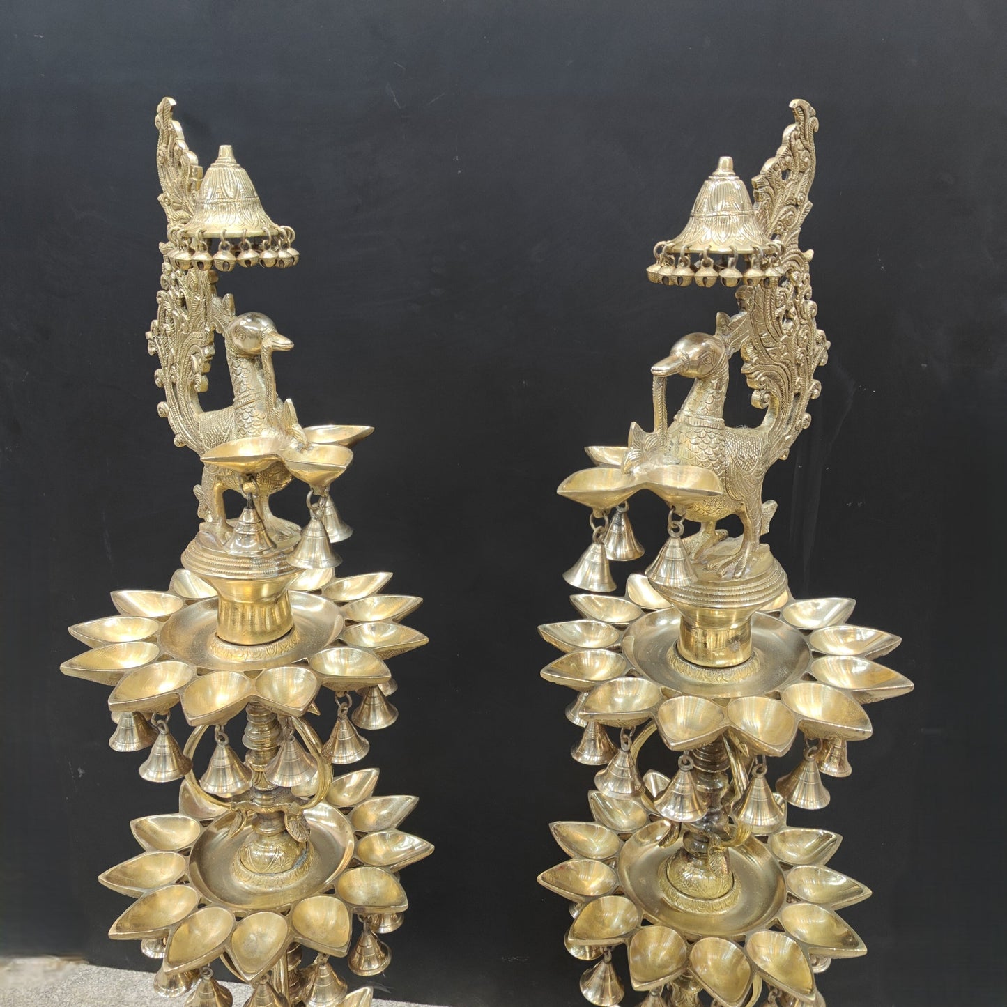Brass Large Peacock Lamp Diya Pair With Bells & Ghungroos 4 Feet