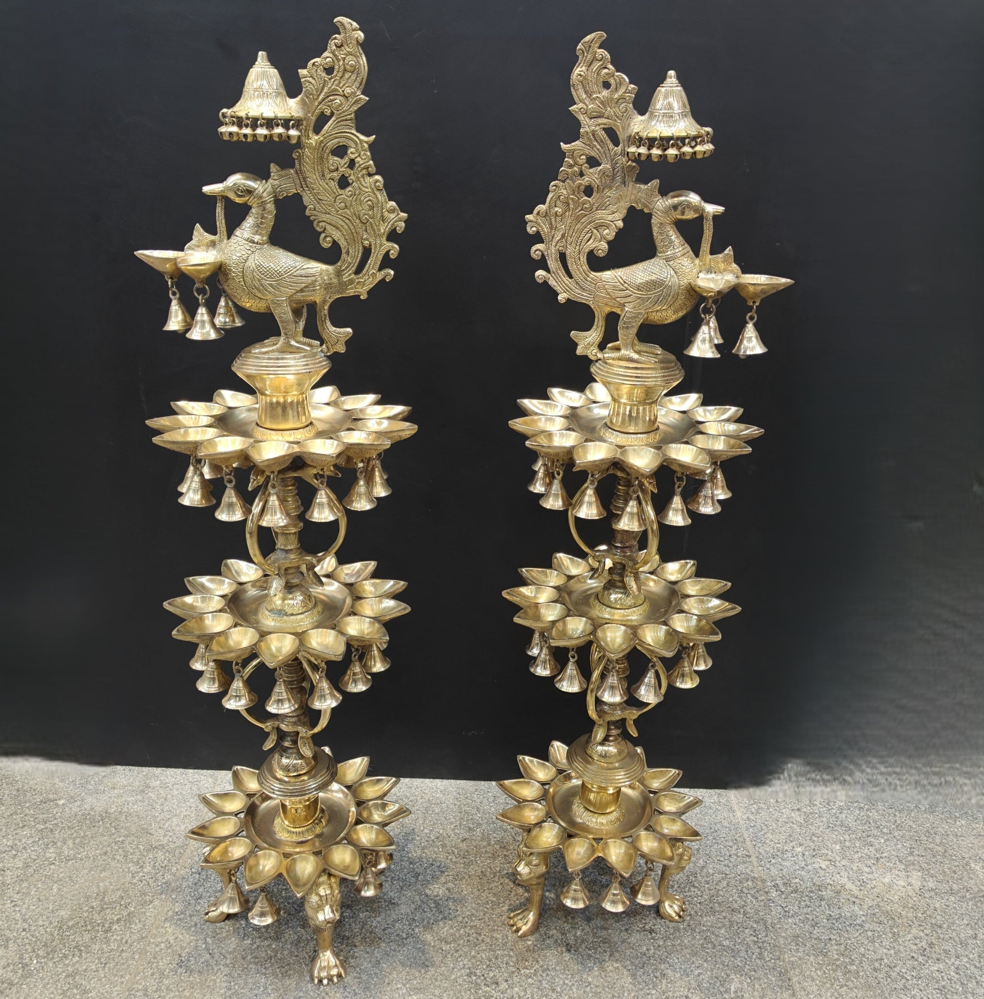 Brass Large Peacock Lamp Diya Pair With Bells & Ghungroos 4 Feet - Image 5