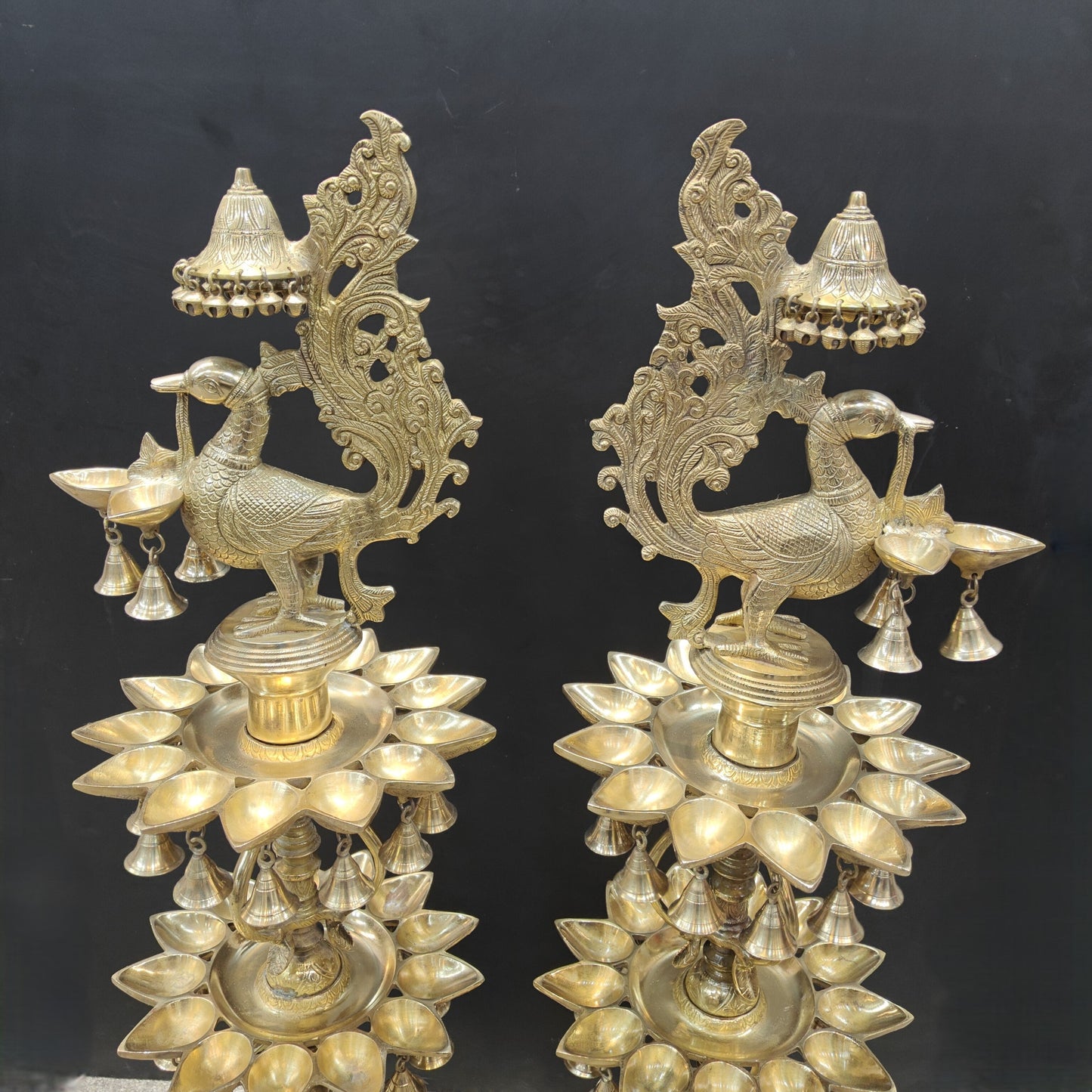 Brass Large Peacock Lamp Diya Pair With Bells & Ghungroos 4 Feet