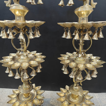 Brass Large Peacock Lamp Diya Pair With Bells & Ghungroos 4 Feet by vendor-unknown - Spiritual (View 7)