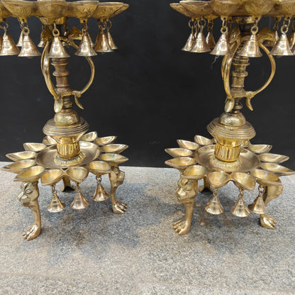 Brass Large Peacock Lamp Diya Pair With Bells & Ghungroos 4 Feet by vendor-unknown - Spiritual (View 8)