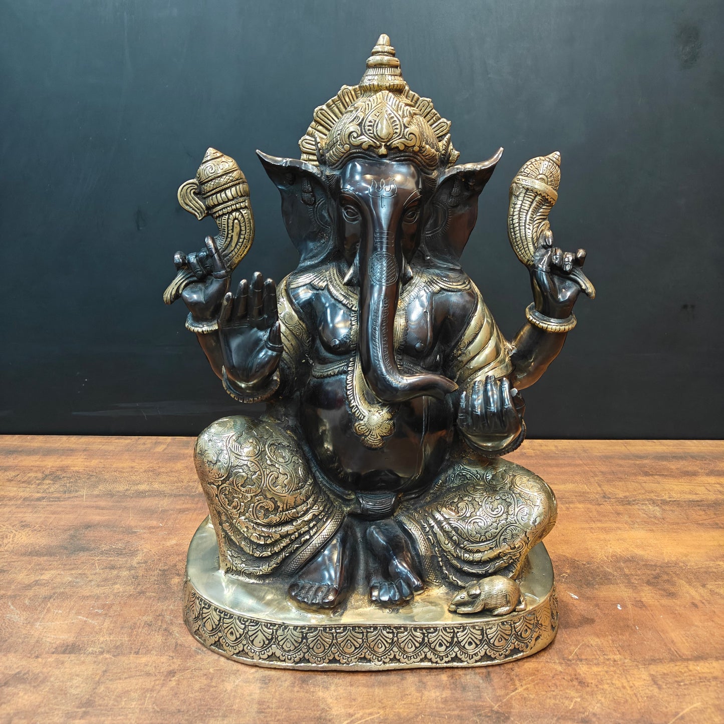 Brass Ganesha Statue Seated On Base Black Patina Finish 21 Inch