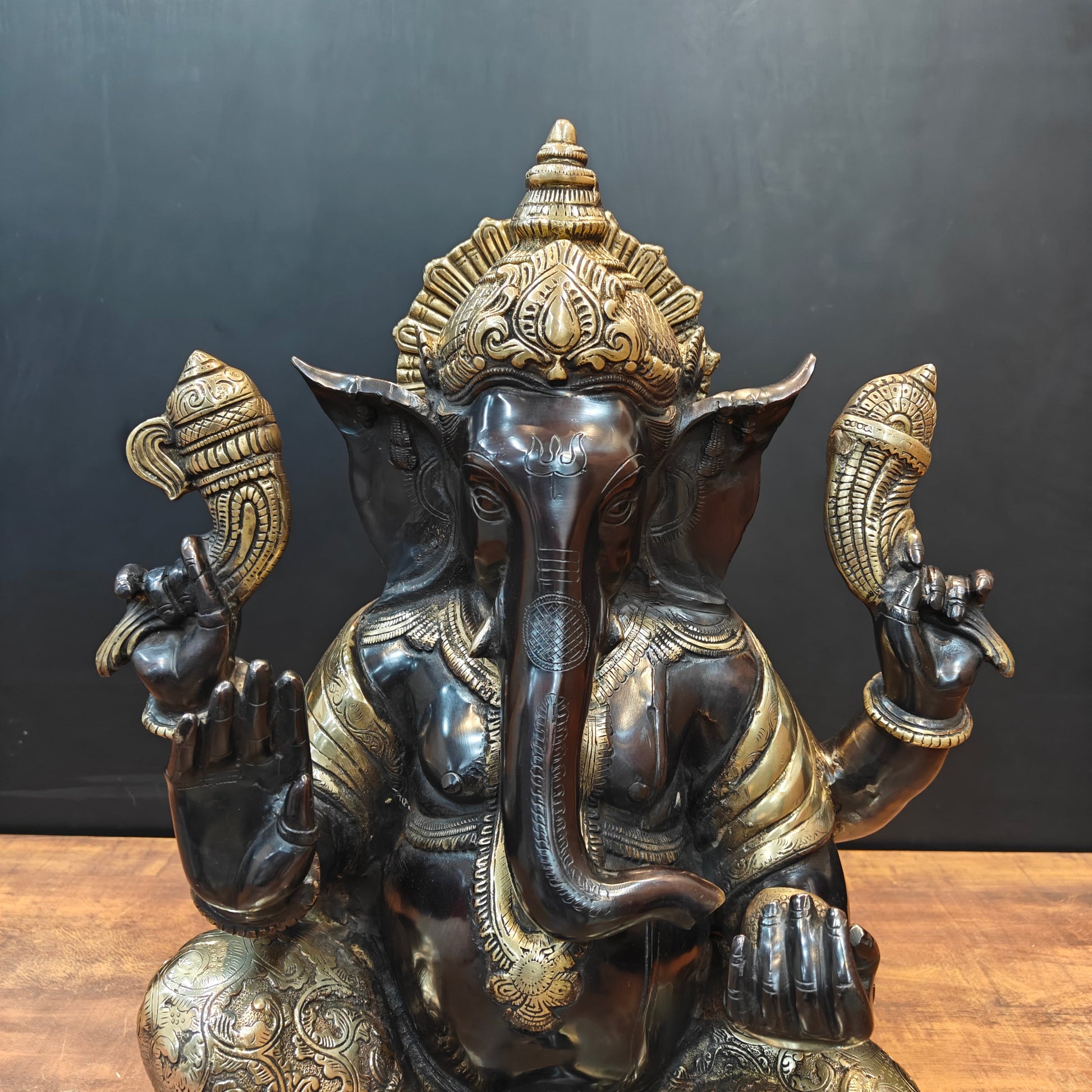 Brass Ganesha Statue Seated On Base Black Patina Finish 21 Inch - Image 4