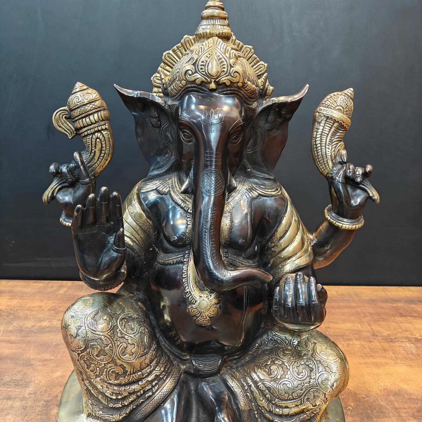 Brass Ganesha Statue Seated On Base Black Patina Finish 21 Inch